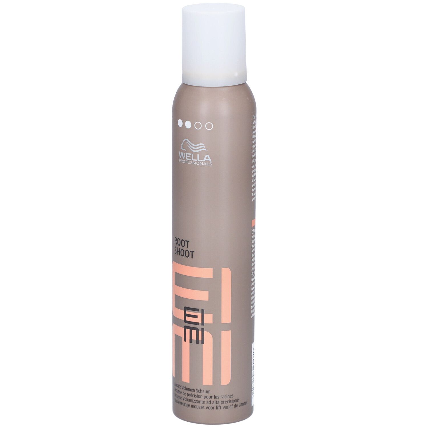 Wella EIMI Root Shoot Schaum in brauner Dose mit weißem Deckel. Text auf der Dose: 'ROOT SHOOT'.