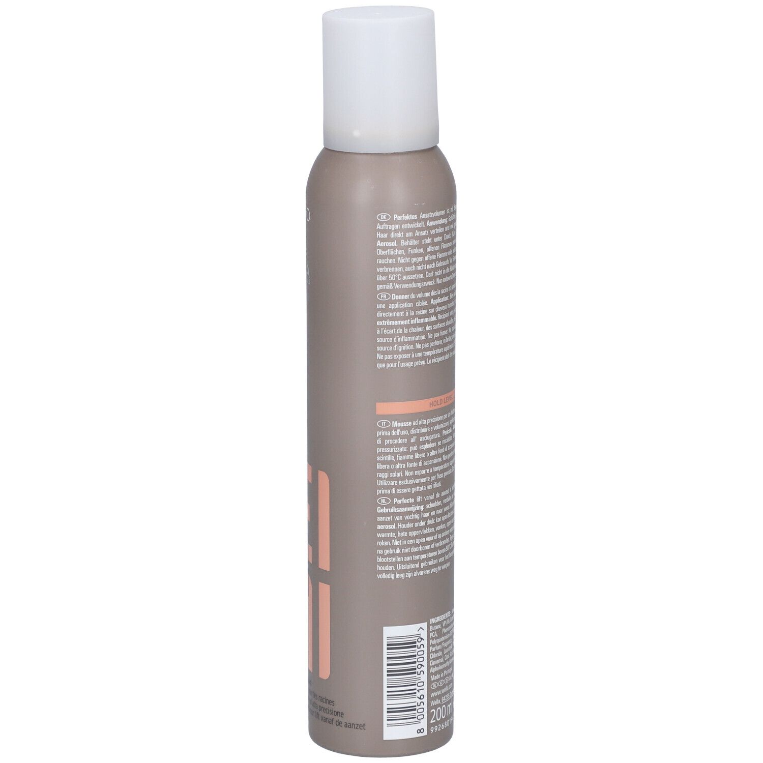 Graue Aerosoldose mit weißem Deckel und Textaufdruck. Enthält 200ml.