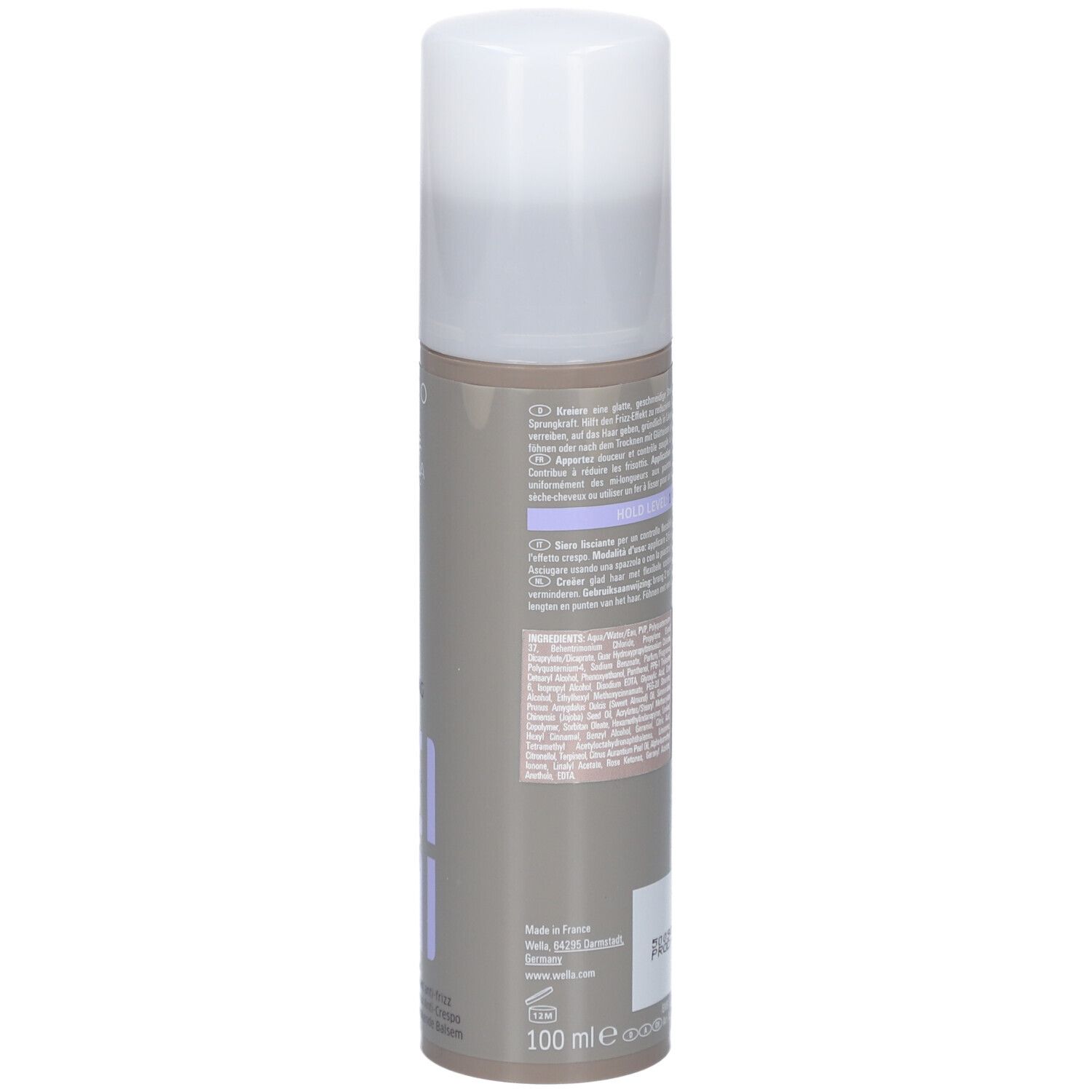 Rückseite der Flasche. Text und Barcode. Marke: Wella Professionals. Produkt: EIMI Flowing Form.
