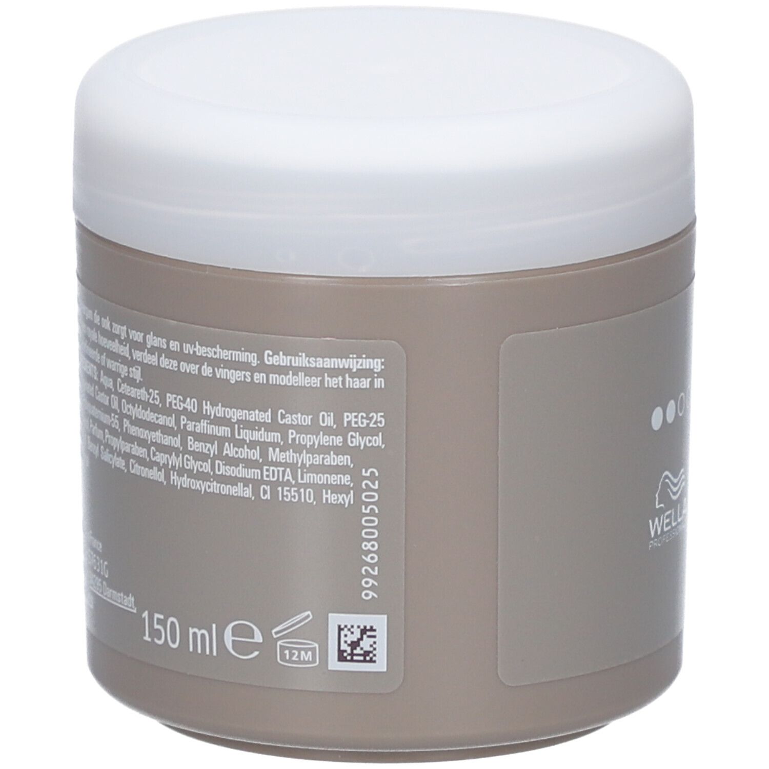 Rückseite der Dose. Text mit Inhaltsstoffen und Gebrauchsanweisung. 150 ml.