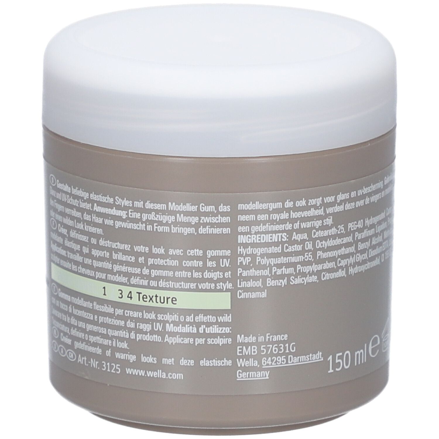 Rückseite der Dose. Text mit Inhaltsstoffen und Gebrauchsanweisung. 150 ml.