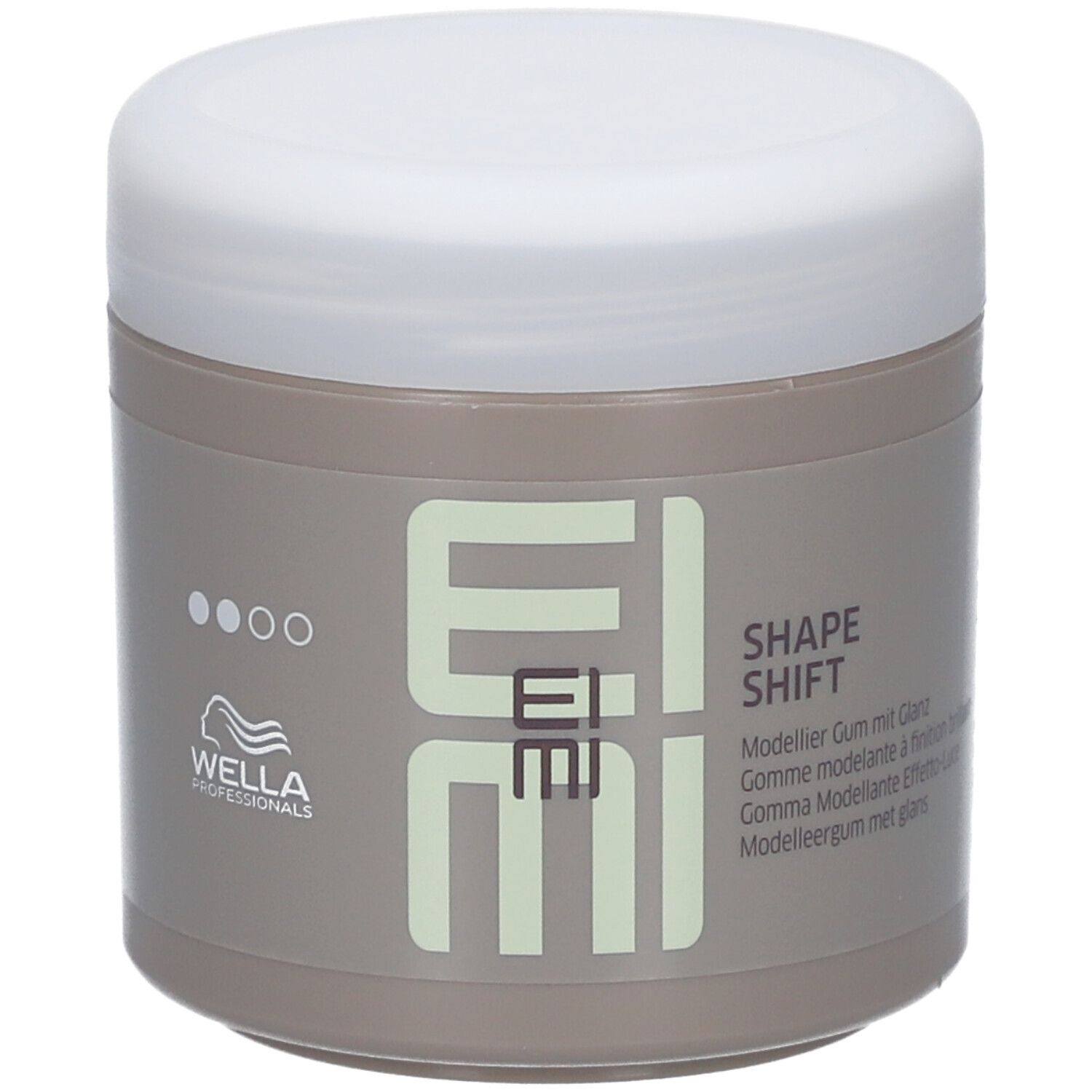 Beige Dose mit weißem Deckel. EIMI Shape Shift Schriftzug. Wella Professionals Logo.