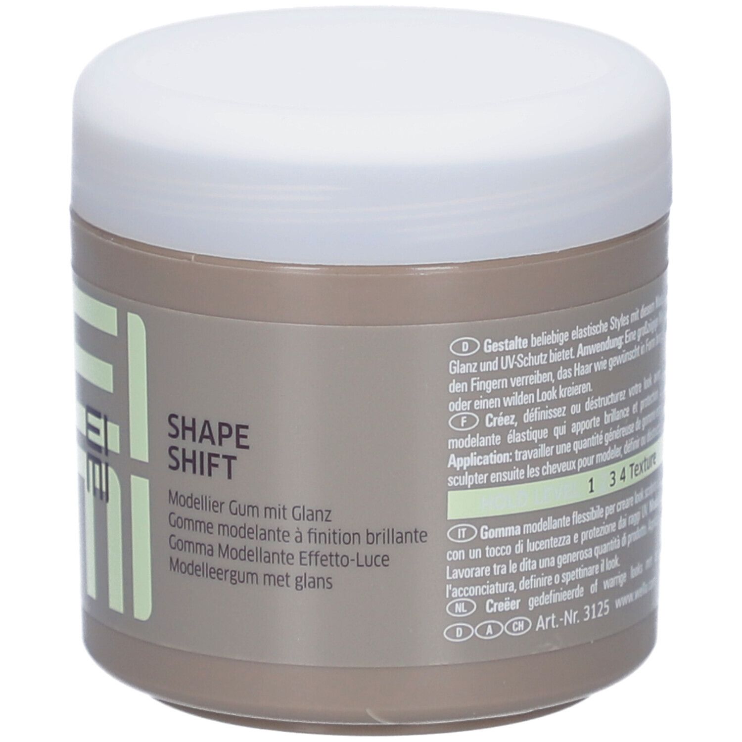 Beige Dose mit weißem Deckel. EIMI Shape Shift Schriftzug. Wella Professionals Logo.