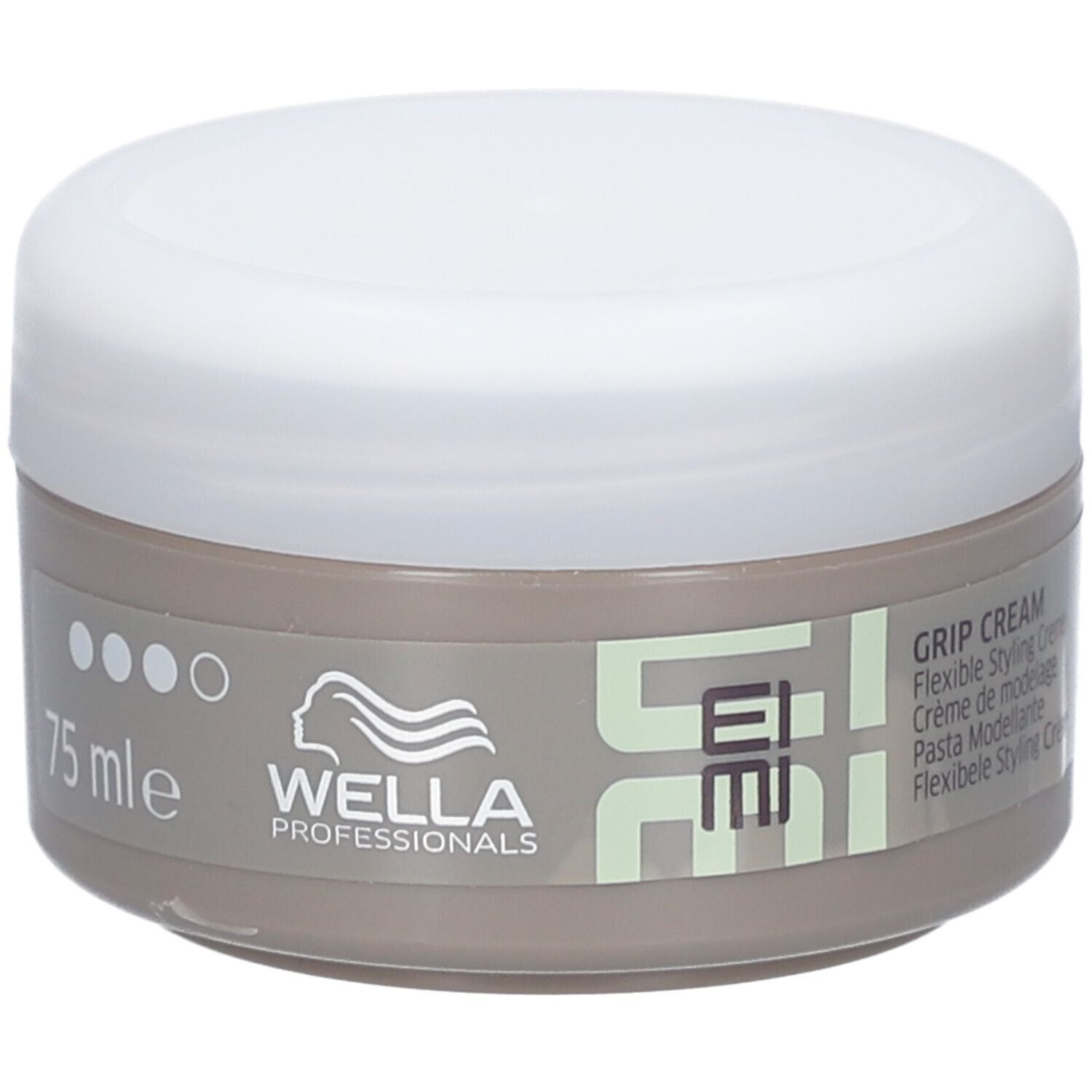 Runde Dose mit weißem Deckel. Aufschrift: EIMI, Grip Cream, 75 ml. Marke: WELLA PROFESSIONALS.