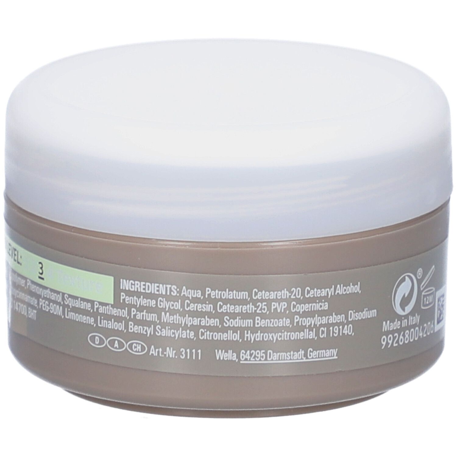 Rückseite der Dose mit Inhaltsstoffen. Aufschrift: Made in Italy, 99268004206. Art.-Nr. 3111.