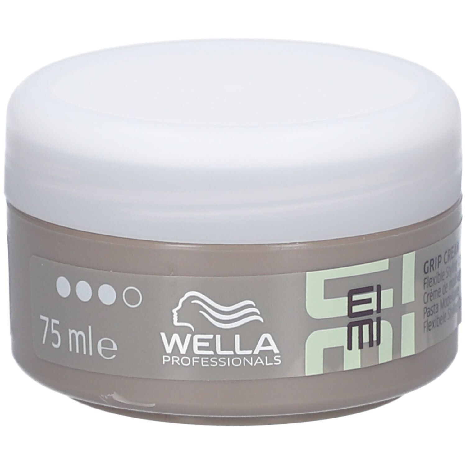 Runde Dose mit weißem Deckel. Aufschrift: EIMI, Grip Cream, 75 ml. Marke: WELLA PROFESSIONALS.