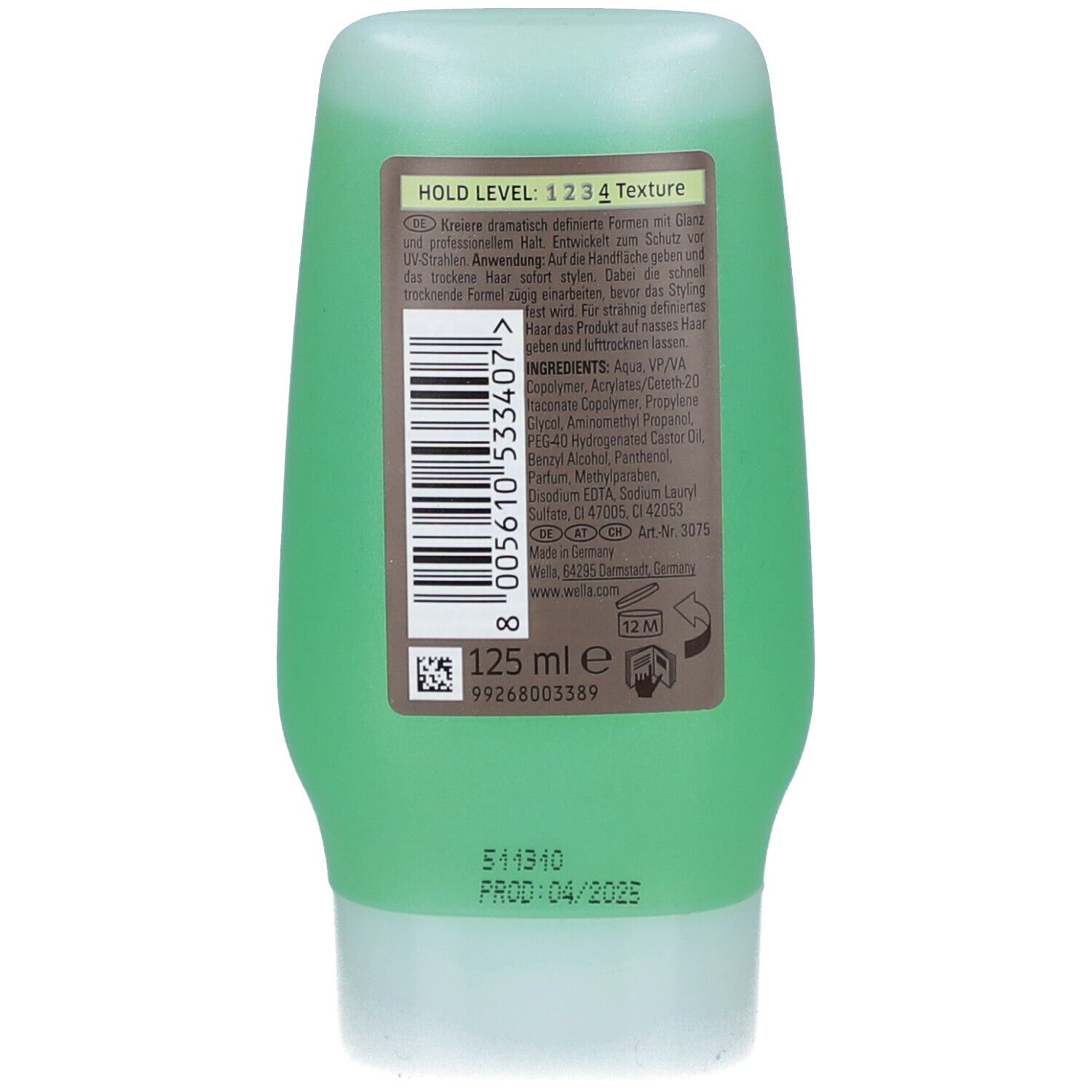 Rückseite der grünen Gel-Tube. Text: Hold Level 1 2 3 4 Texture. Inhaltsstoffe. 125 ml. Code. Haltbarkeitsdatum: 04/2025.