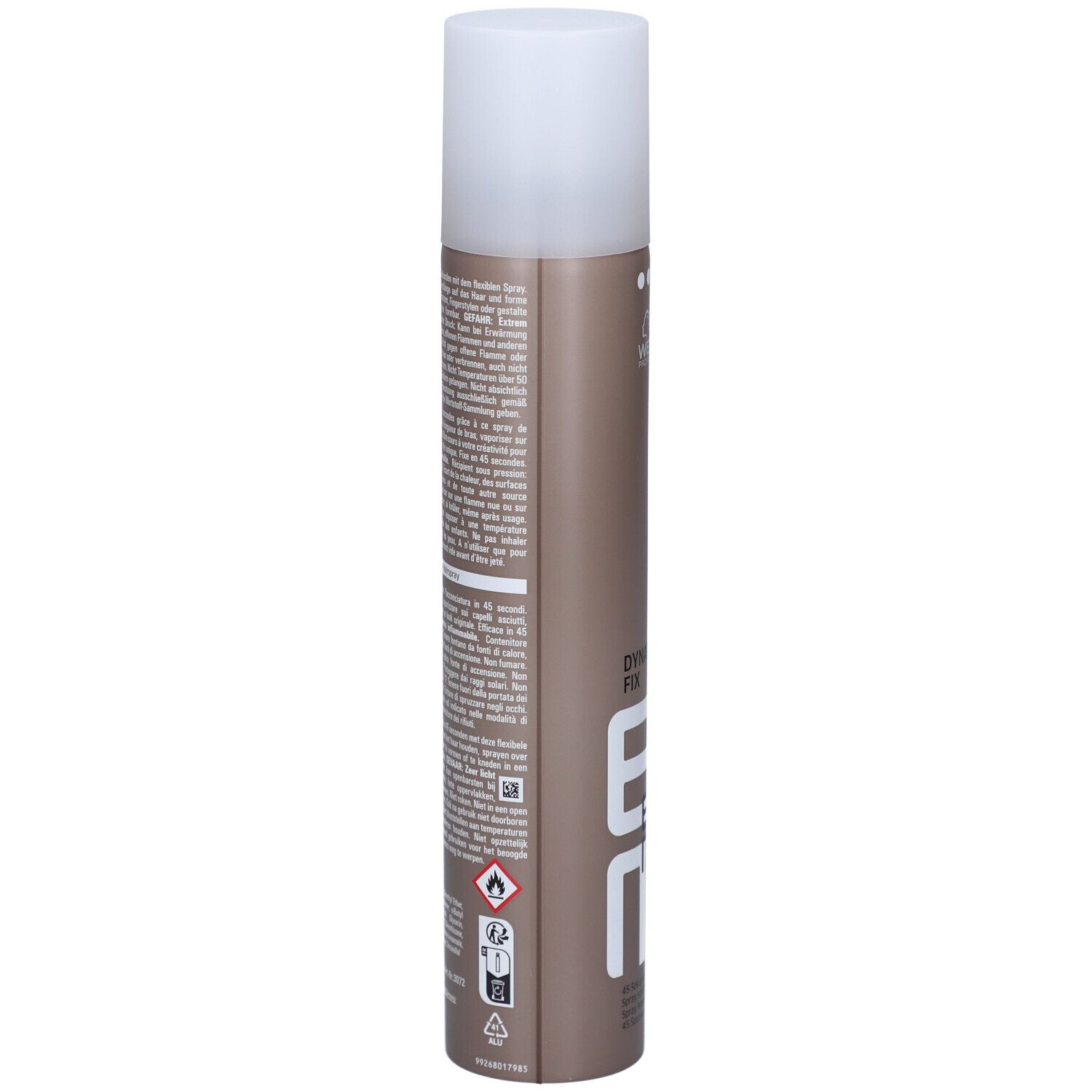 Haarspray-Dose, seitliche Ansicht. Text auf der Dose. Marke: Wella.