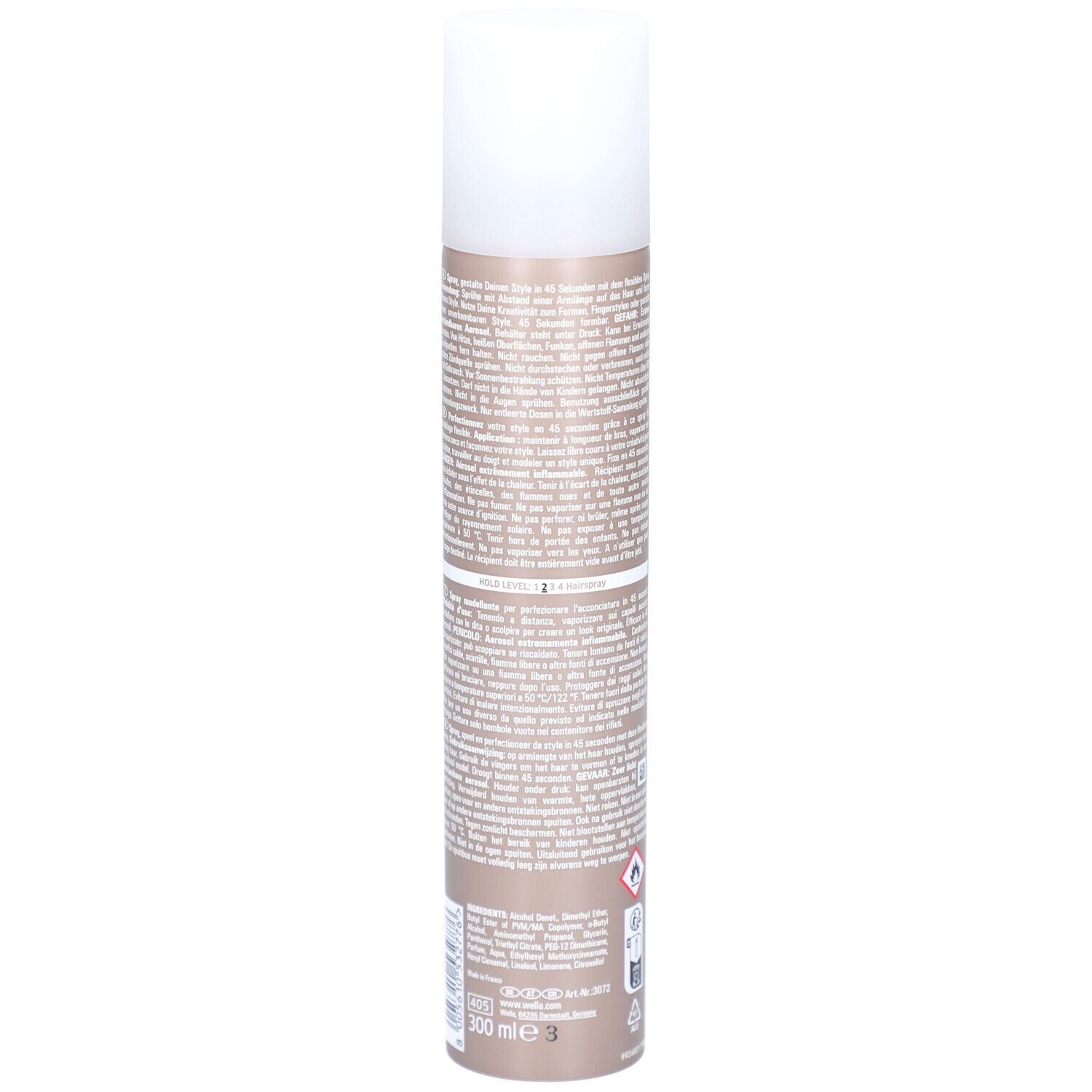 Haarspray-Dose, Rückseite. Text und Symbole auf der Dose. Marke: Wella.