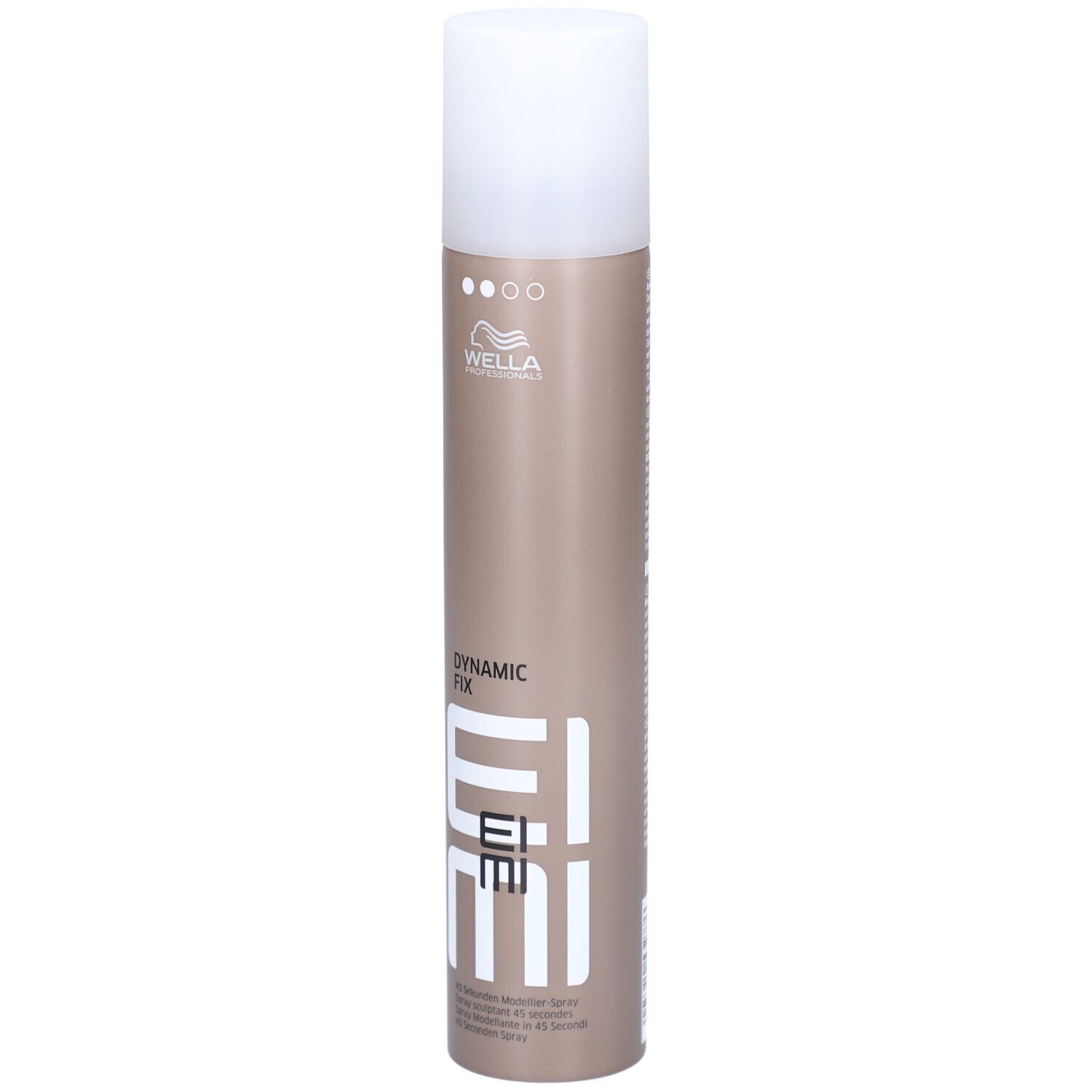 Haarspray-Dose mit weißem Deckel. Aufschrift: EIMI, Dynamic Fix. Marke: Wella.