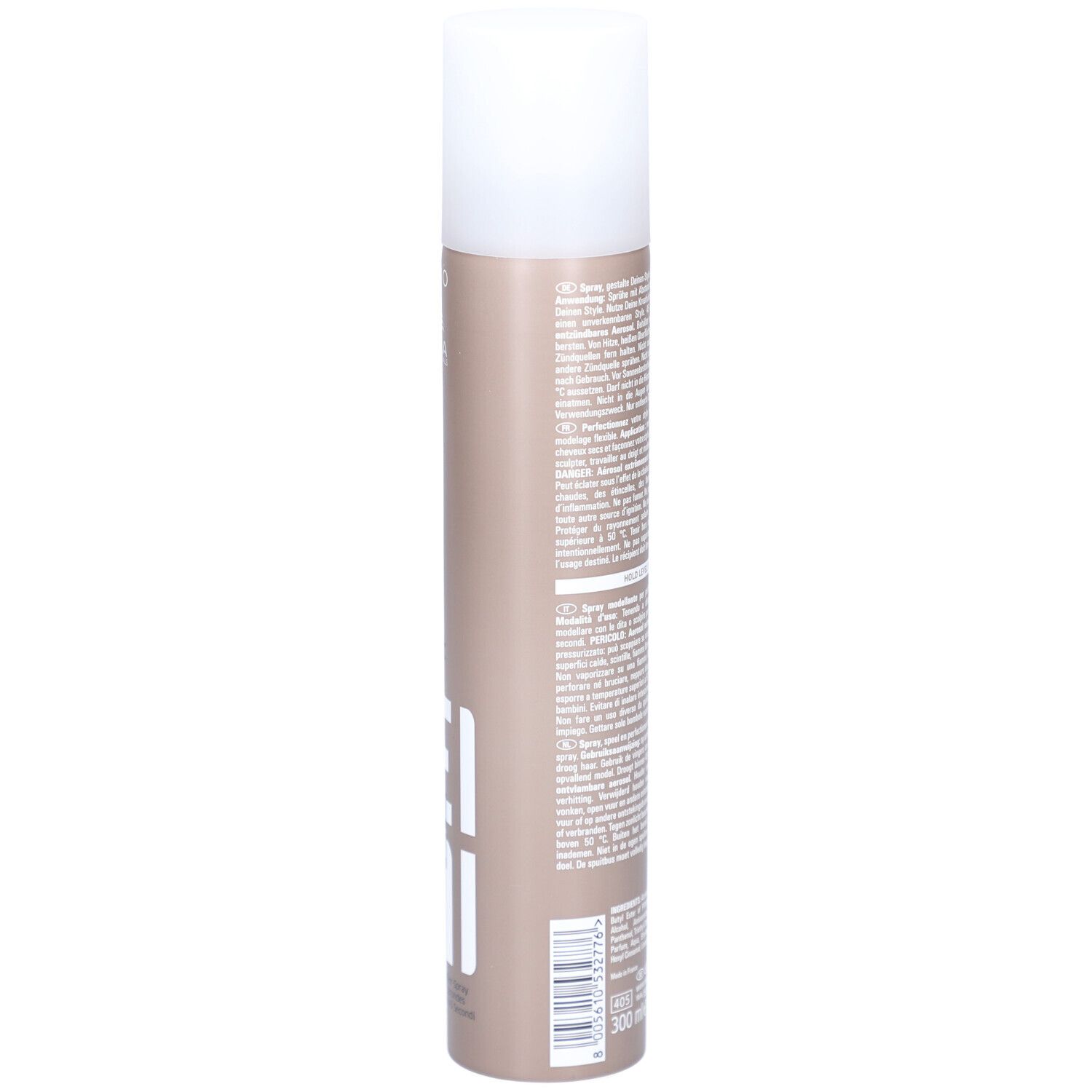 Haarspray-Dose, seitliche Ansicht. Text auf der Dose. Marke: Wella.