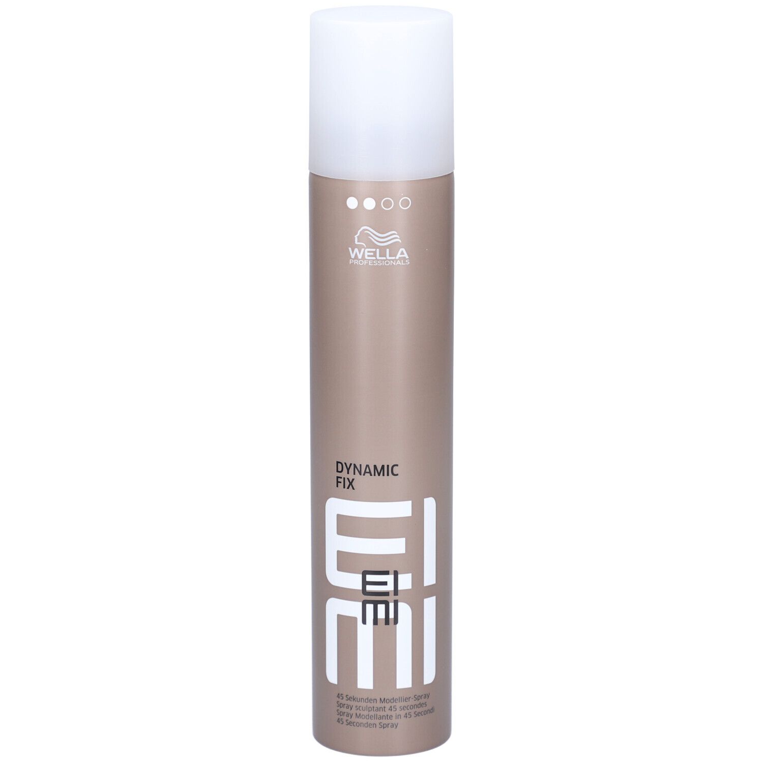 Haarspray-Dose mit weißem Deckel. Aufschrift: EIMI, Dynamic Fix. Marke: Wella.