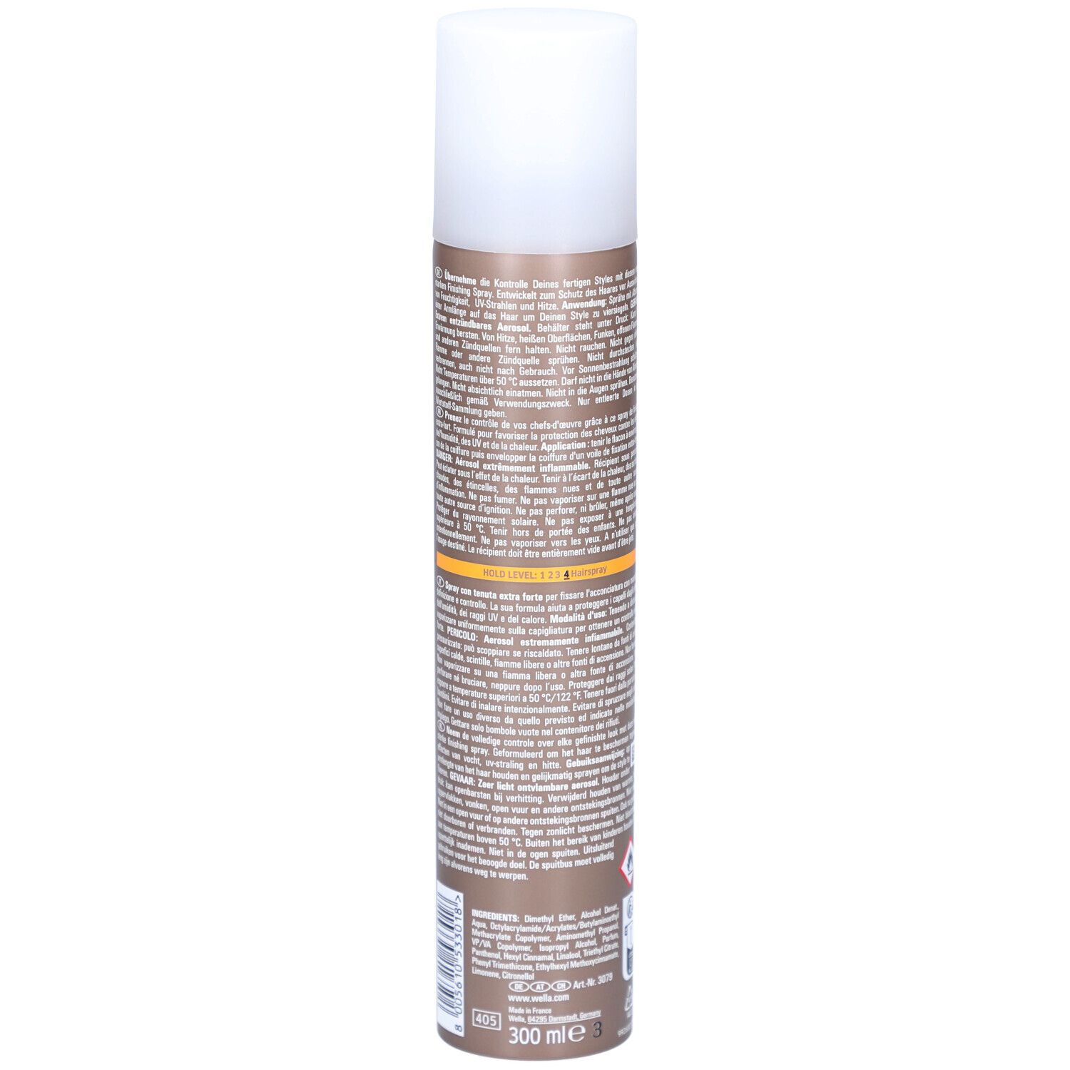 Braune Aerosoldose mit weißem Deckel, bedruckt mit Text und 300 ml Angabe.