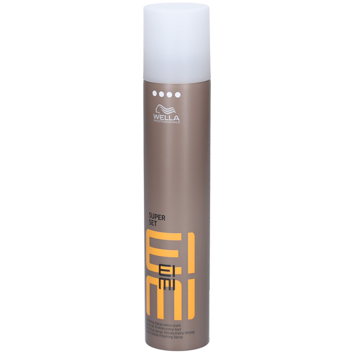 Wella EIMI Super Set Haarspray in brauner Dose mit weißem Deckel. Gelbe Schrift "EIMI SUPER SET".