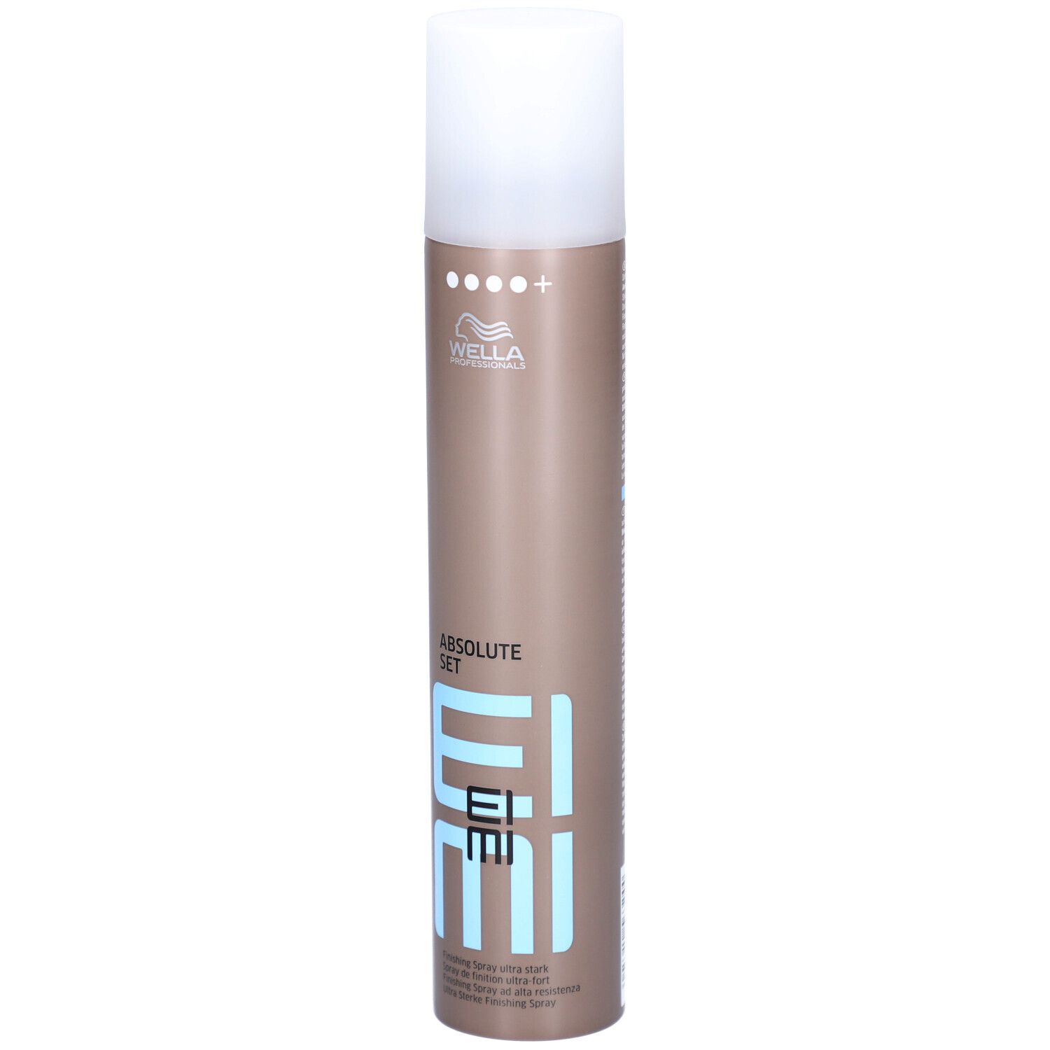 Haarspray-Flasche. Zylindrisch, braun mit weißem Deckel. Aufschrift: EIMI, ABSOLUTE SET. Marke: Wella.