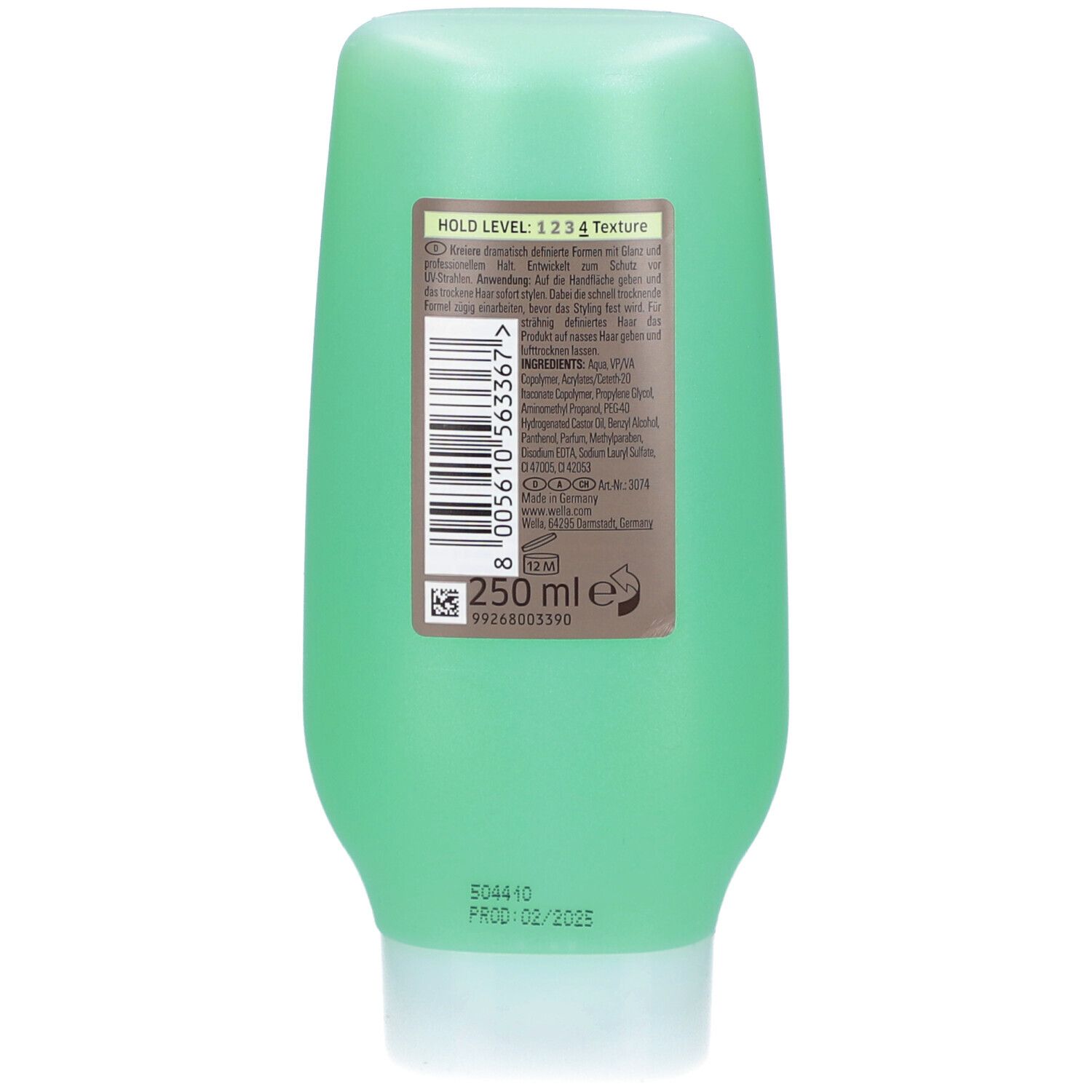 Rückseite der grünen Flasche. Braunes Etikett mit Text und Barcode. Text: HOLD LEVEL 1 2 3 Texture. 250 ml.