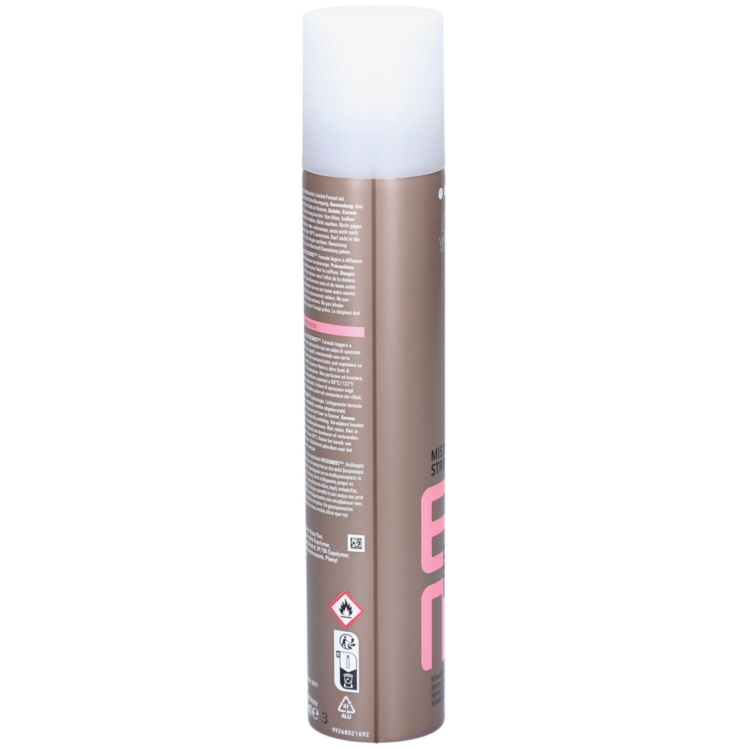Haarspray-Dose, Rückseite. Text in mehreren Sprachen. Braune Dose mit weißem Deckel. Warnhinweise und Symbole.