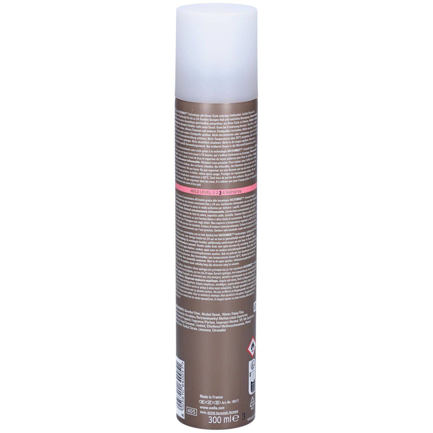 Haarspray-Dose, Rückseite. Text in mehreren Sprachen. Braune Dose mit weißem Deckel. Volumenangabe: 300 ml.