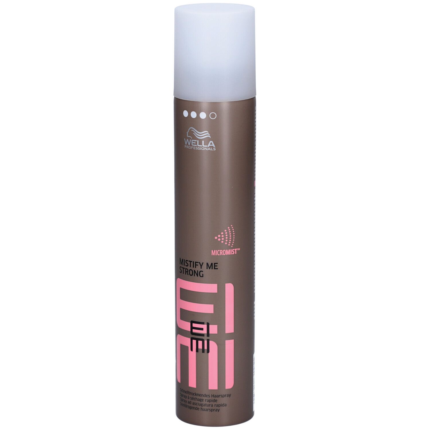 Haarspray-Dose mit weißem Deckel. Aufschrift: EIMI, MISTIFY ME STRONG, Wella. Braune Dose mit rosa Schrift.