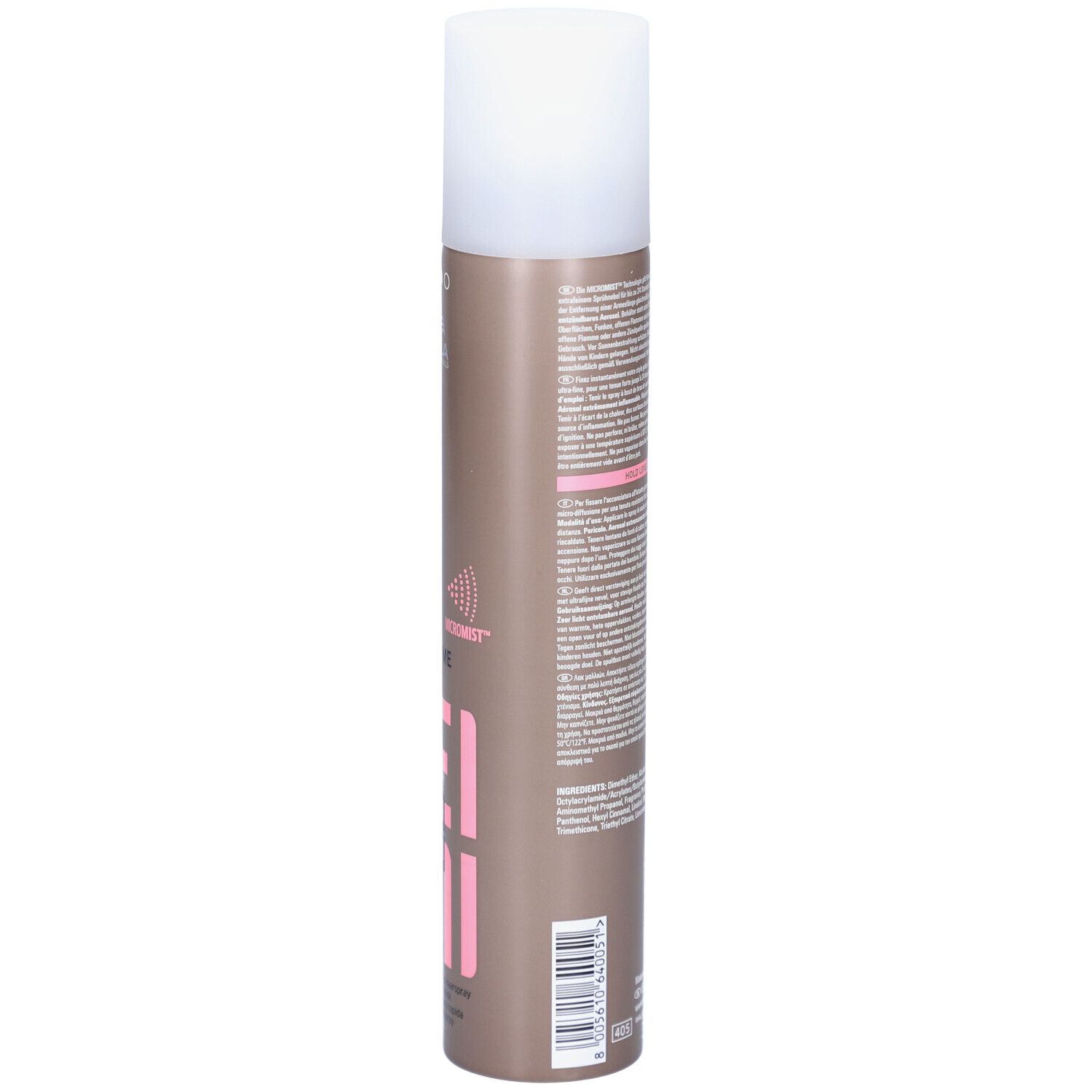 Haarspray-Dose, Rückseite. Text in mehreren Sprachen. Braune Dose mit weißem Deckel. Warnhinweise und Symbole.