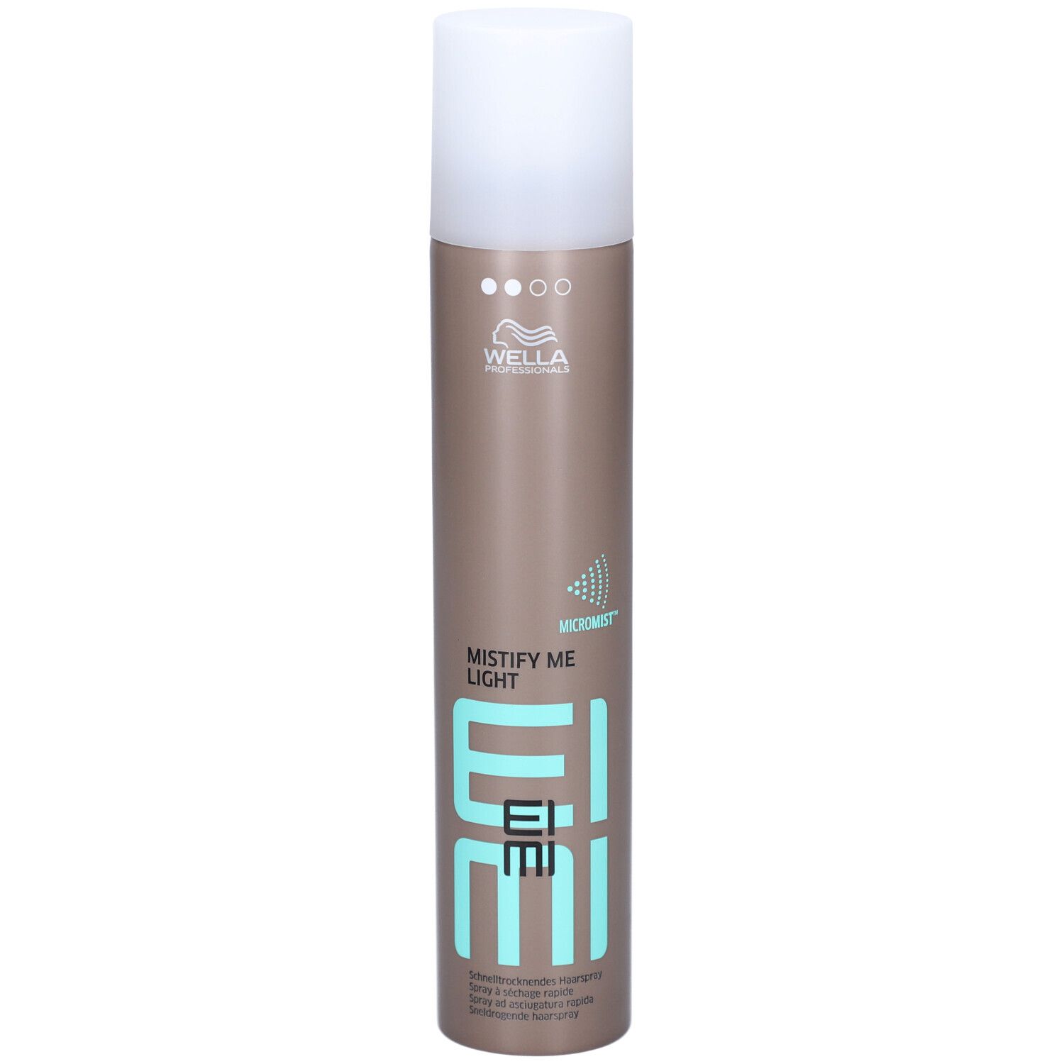 Haarspray-Flasche mit weißem Deckel. Aufschrift: MISTIFY ME LIGHT, EIMI, WELLA. Braune Dose mit türkisfarbenen Akzenten.