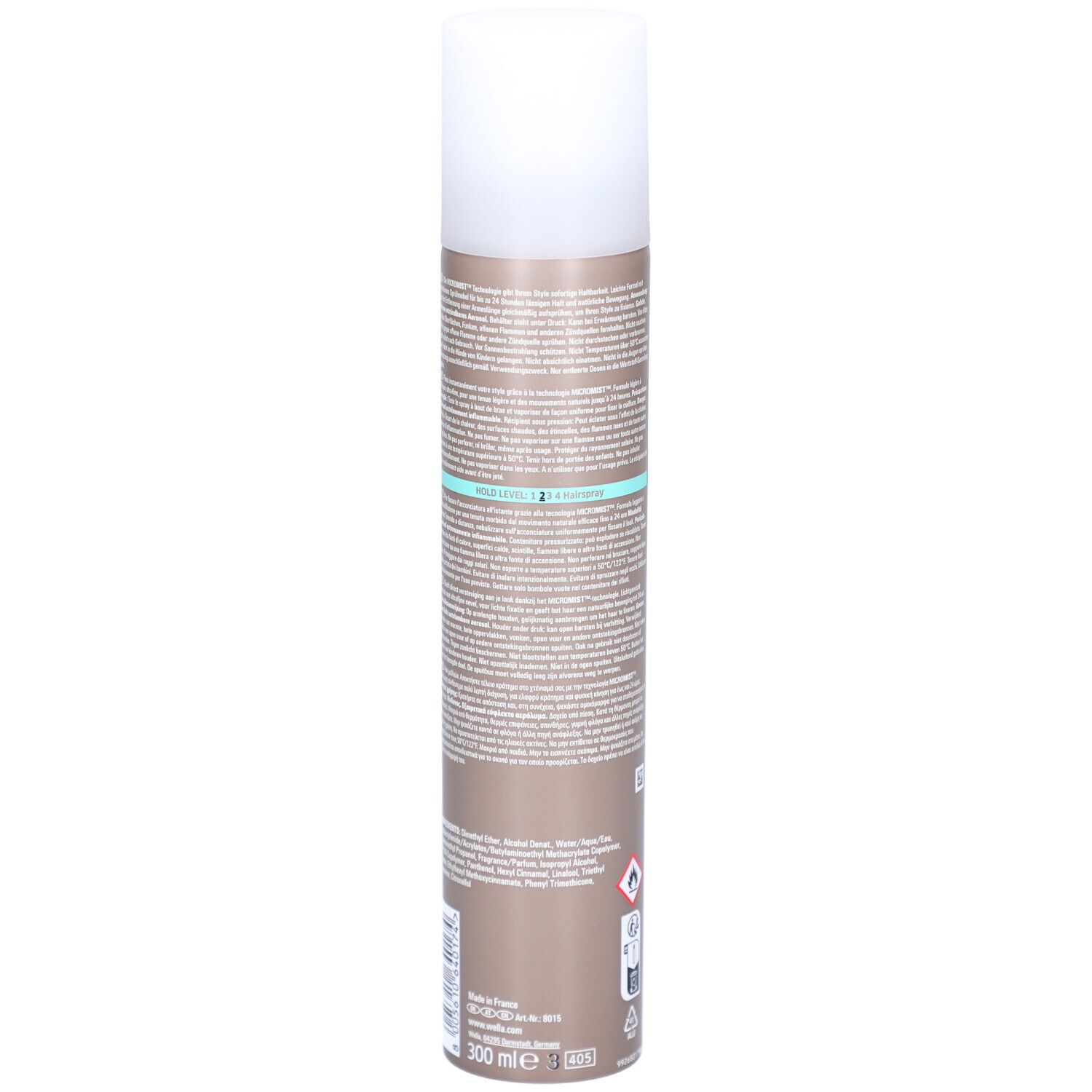 Rückseite der Haarspray-Flasche. Text in mehreren Sprachen. Braune Dose mit weißem Deckel. Volumenangabe: 300 ml.