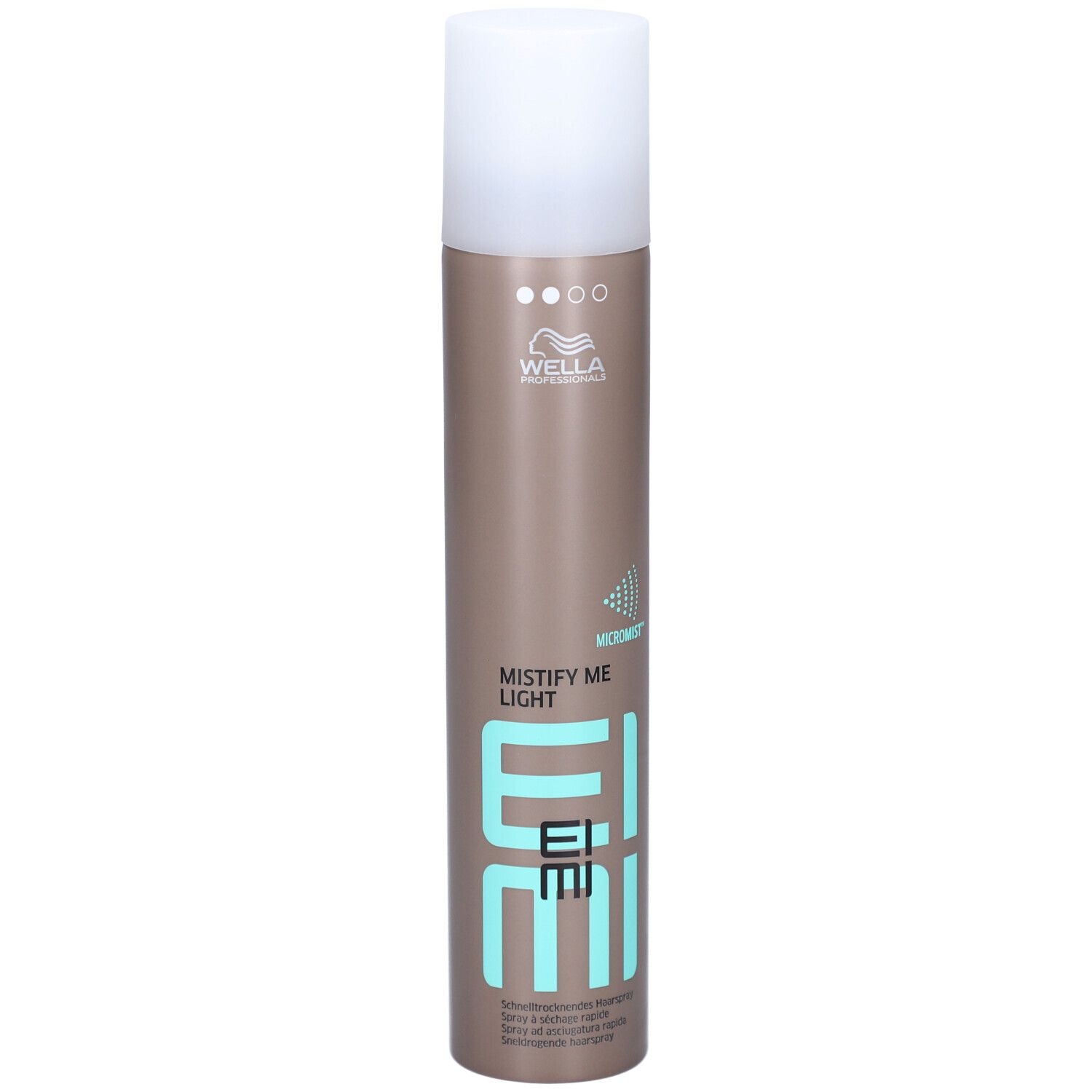 Haarspray-Flasche mit weißem Deckel. Aufschrift: MISTIFY ME LIGHT, EIMI, WELLA. Braune Dose mit türkisfarbenen Akzenten.