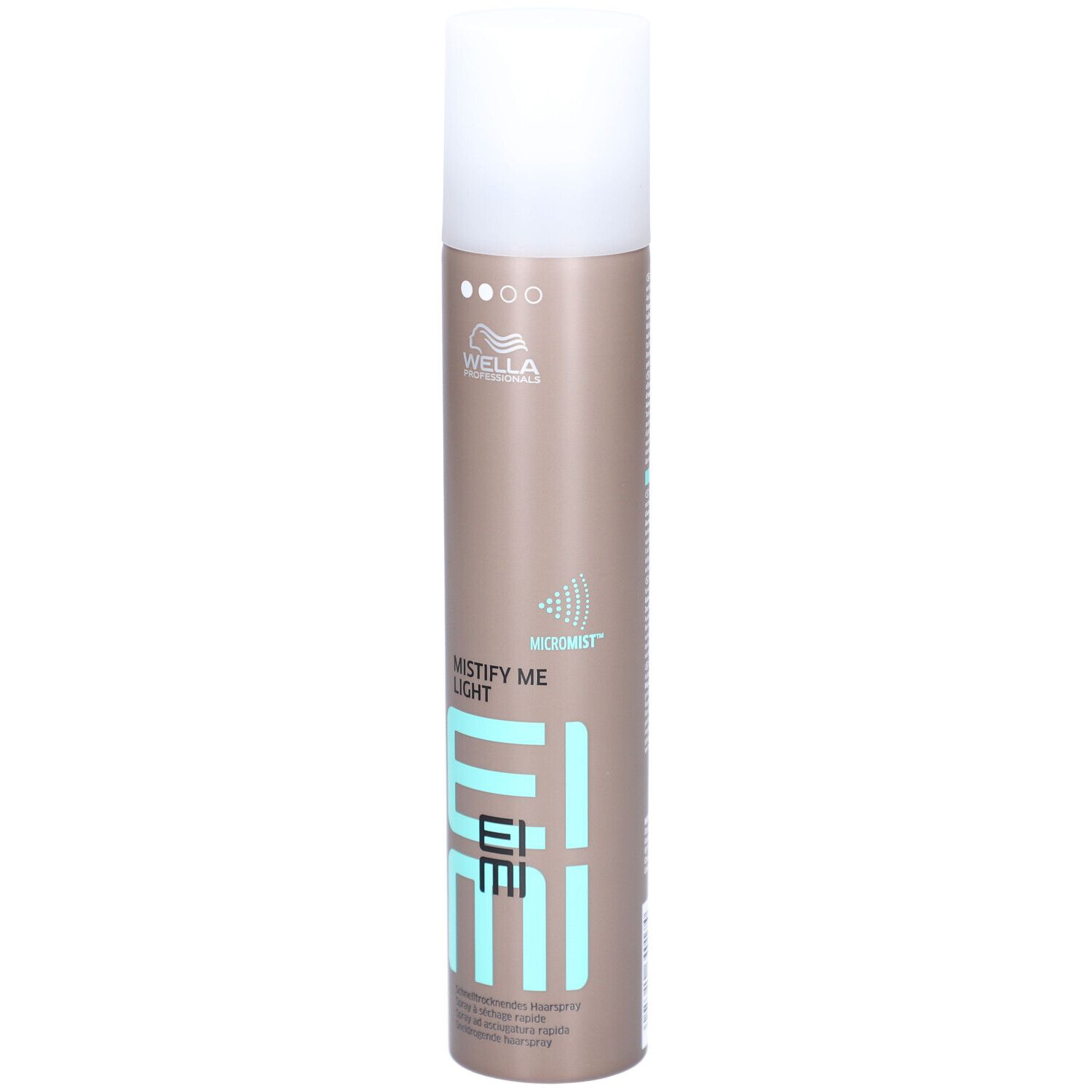 Haarspray-Flasche mit weißem Deckel. Aufschrift: MISTIFY ME LIGHT, EIMI, WELLA. Braune Dose mit türkisfarbenen Akzenten.