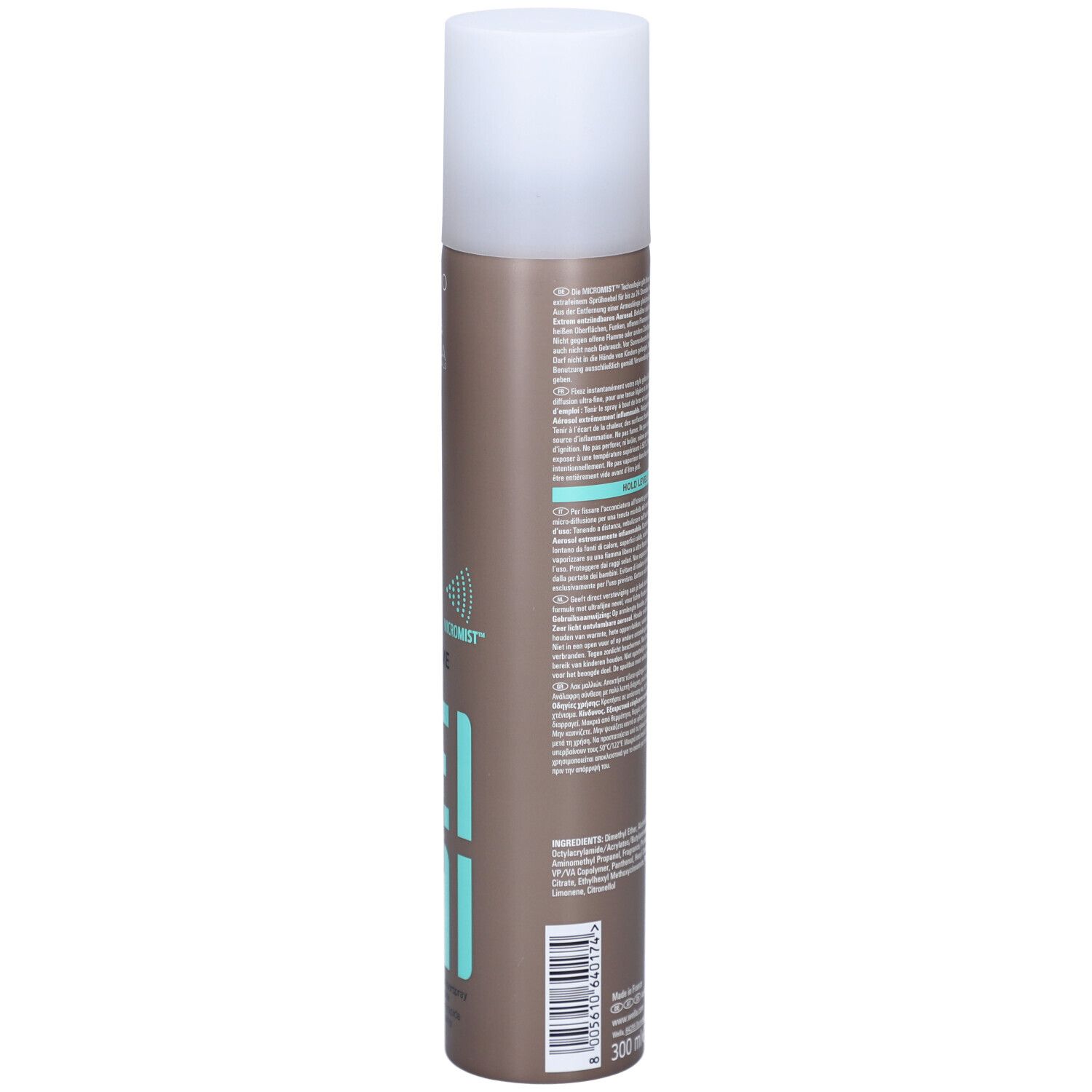 Rückseite der Haarspray-Flasche. Text in mehreren Sprachen. Braune Dose mit weißem Deckel. Volumenangabe: 300 ml.