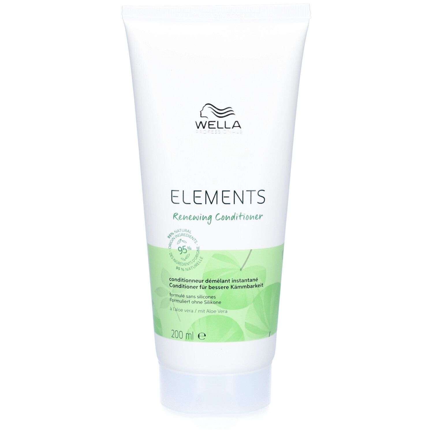 Weiße Tube mit grünem Etikett. Aufschrift: Wella Elements Renewing Conditioner. 95% Inhaltsstoffe natürlichen Ursprungs.