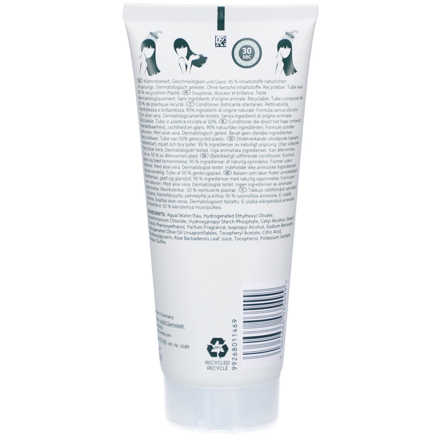 Rückseite einer weißen Tube. Text in mehreren Sprachen. Recycling-Symbol. 30 Sek. Anwendungshinweis.