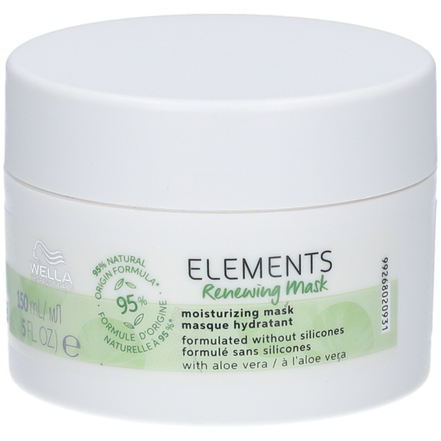 Weißer Tiegel mit Deckel. Aufschrift: ELEMENTS Renewing Mask, 95% natürliche Inhaltsstoffe. Wella-Logo.