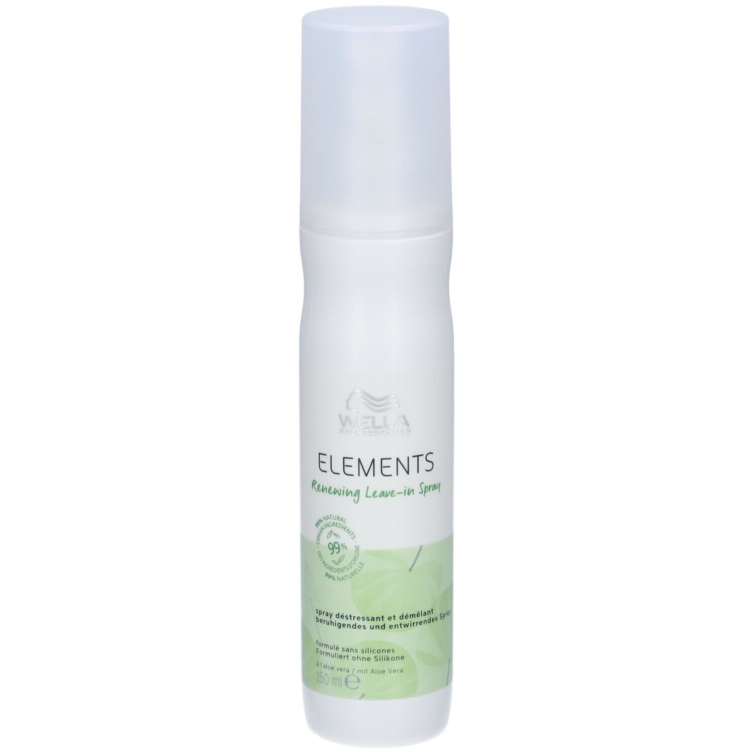 Weiße Sprühflasche mit grünem Etikett. Aufschrift: ELEMENTS Renewing Leave-in Spray. 99% Inhaltsstoffe natürlichen Ursprungs.