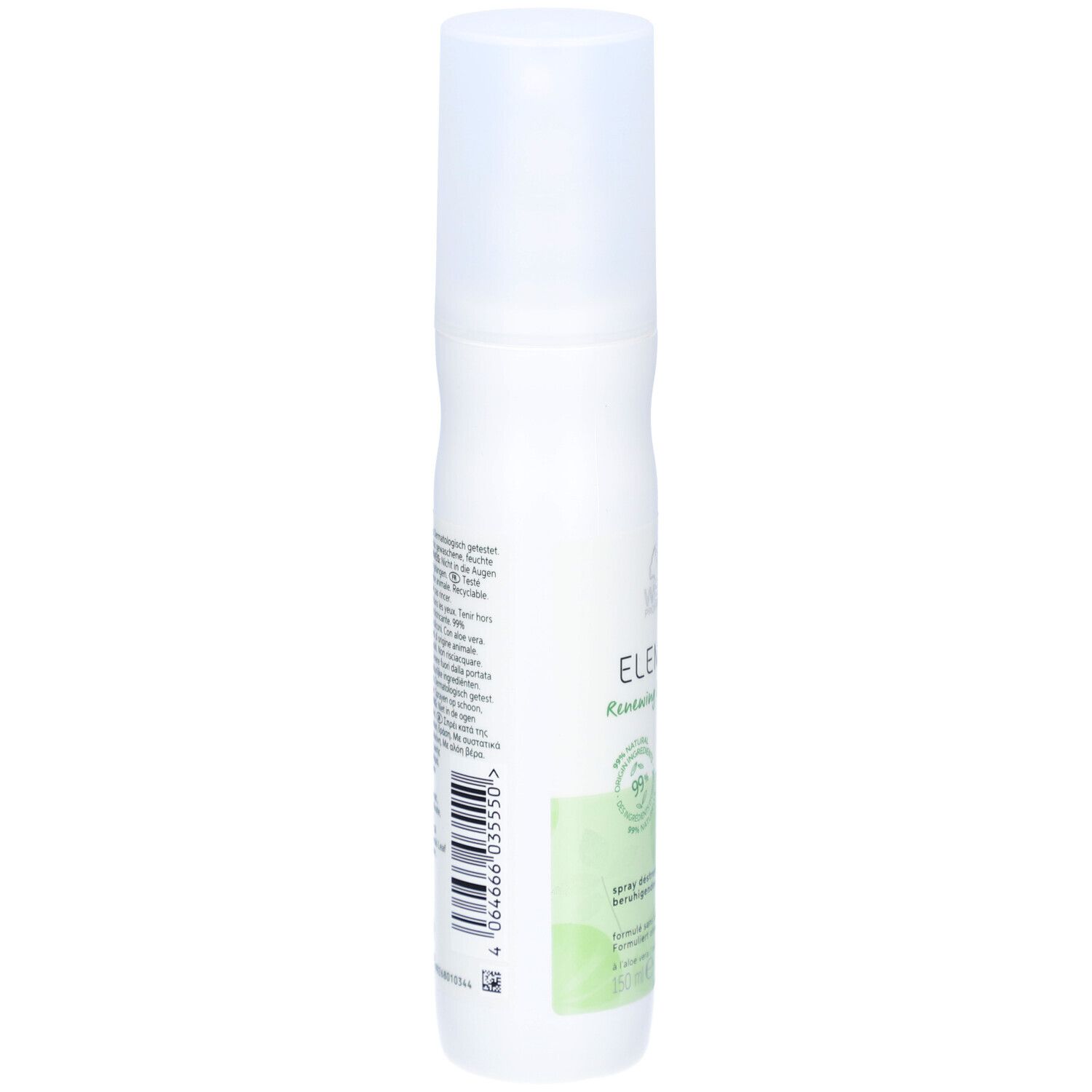 Weiße Sprühflasche, Rückseite mit Text und Barcode. Aufschrift: ELEMENTS Renewing Leave-in Spray. 99% Inhaltsstoffe natürlichen Ursprungs.