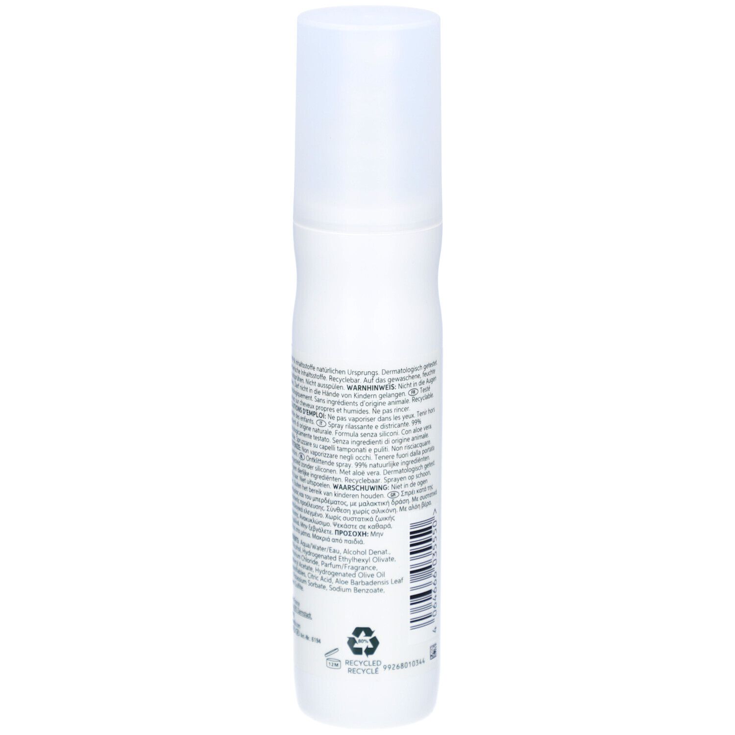 Weiße Sprühflasche, Rückseite mit Text und Barcode. Aufschrift: ELEMENTS Renewing Leave-in Spray. 99% Inhaltsstoffe natürlichen Ursprungs.