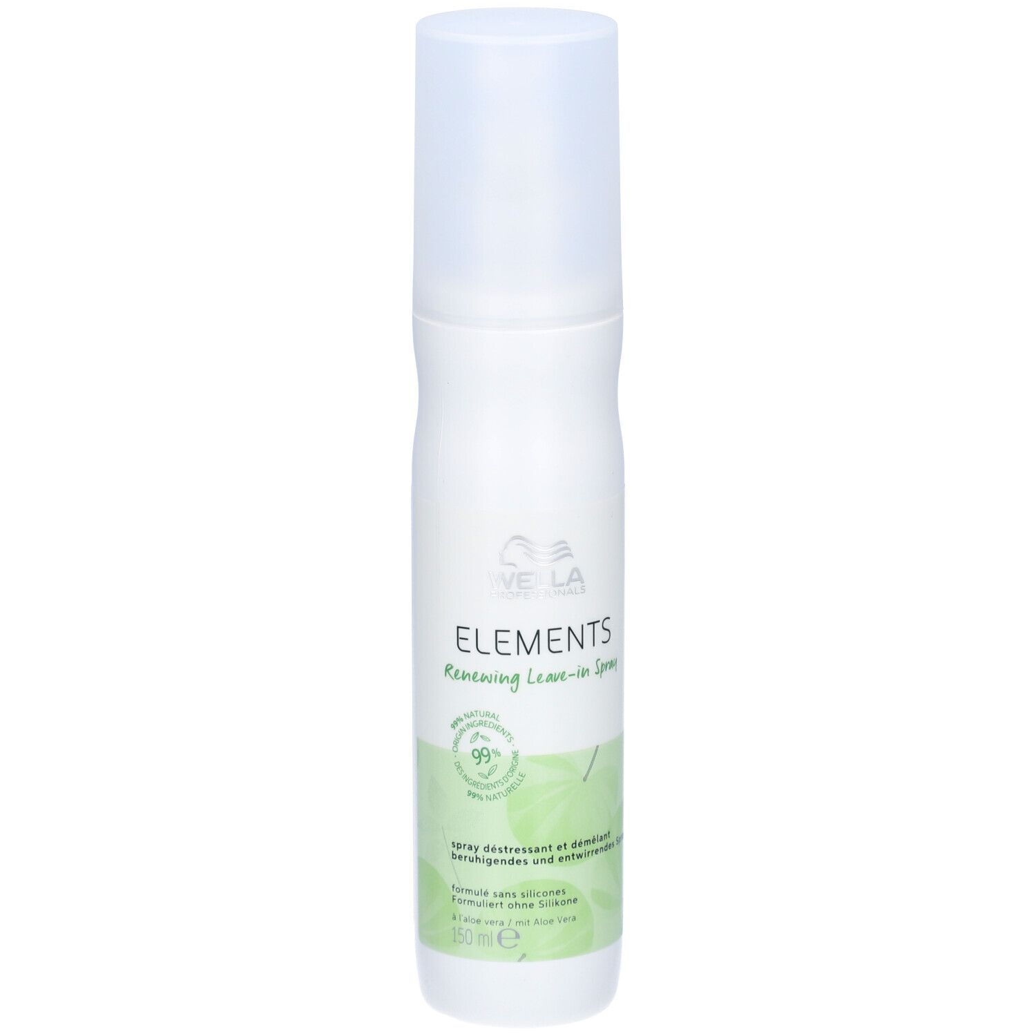 Weiße Sprühflasche mit grünem Etikett. Aufschrift: ELEMENTS Renewing Leave-in Spray. 99% Inhaltsstoffe natürlichen Ursprungs.