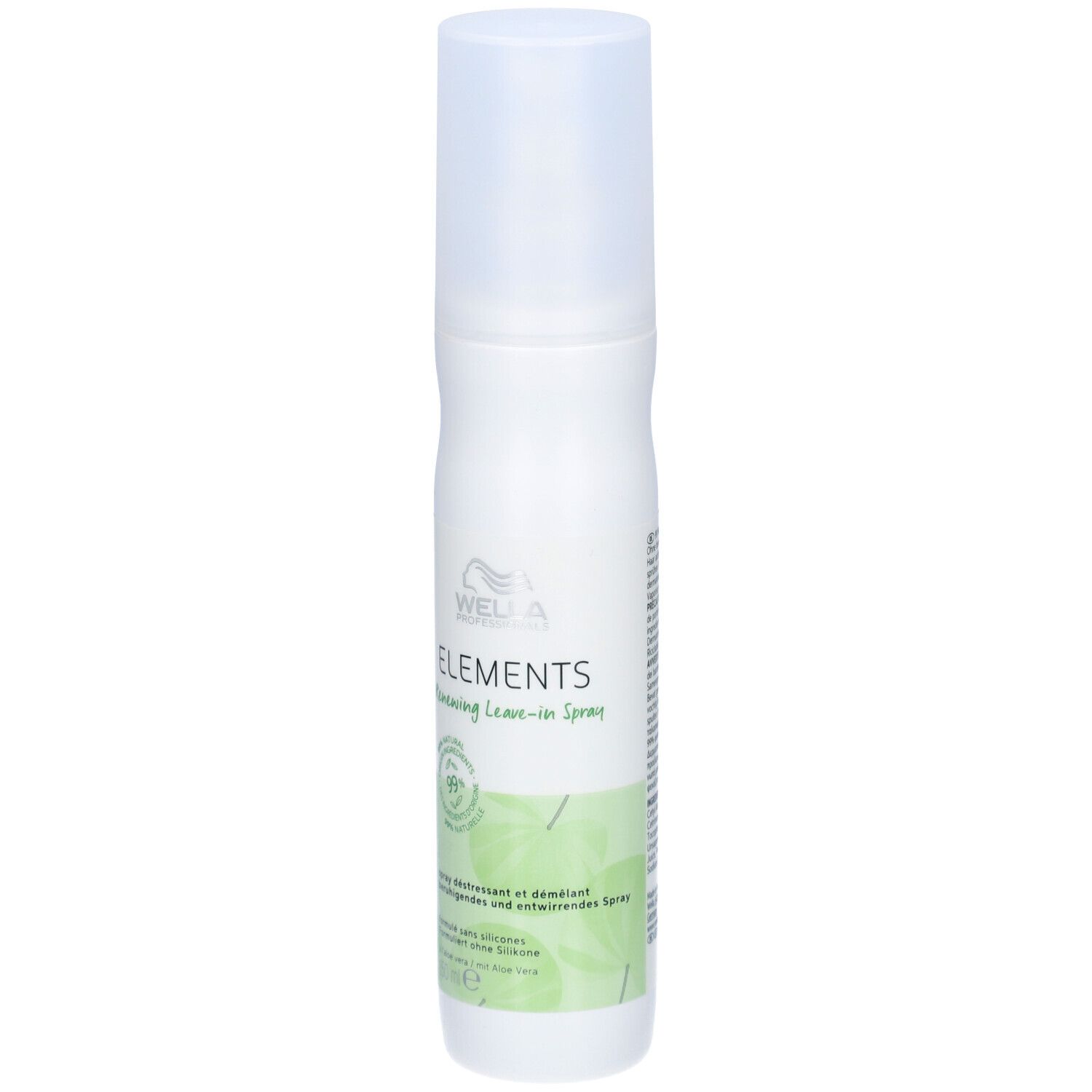 Weiße Sprühflasche mit grünem Etikett. Aufschrift: ELEMENTS Renewing Leave-in Spray. 99% Inhaltsstoffe natürlichen Ursprungs.