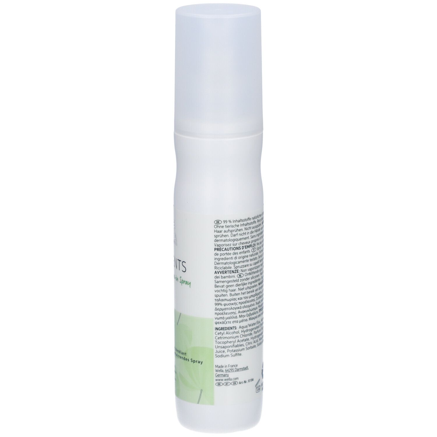 Weiße Sprühflasche, Rückseite mit Text und Barcode. Aufschrift: ELEMENTS Renewing Leave-in Spray. 99% Inhaltsstoffe natürlichen Ursprungs.