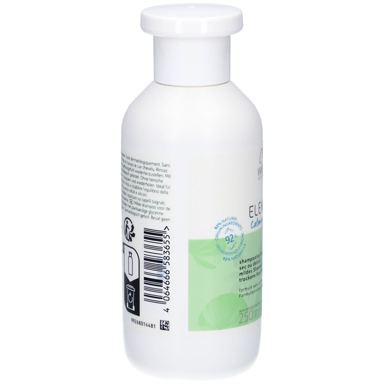 Rückseite einer weißen Shampoo-Flasche. Etikett mit Text und Barcode. Aufschrift: Wella Elements Calming Shampoo.