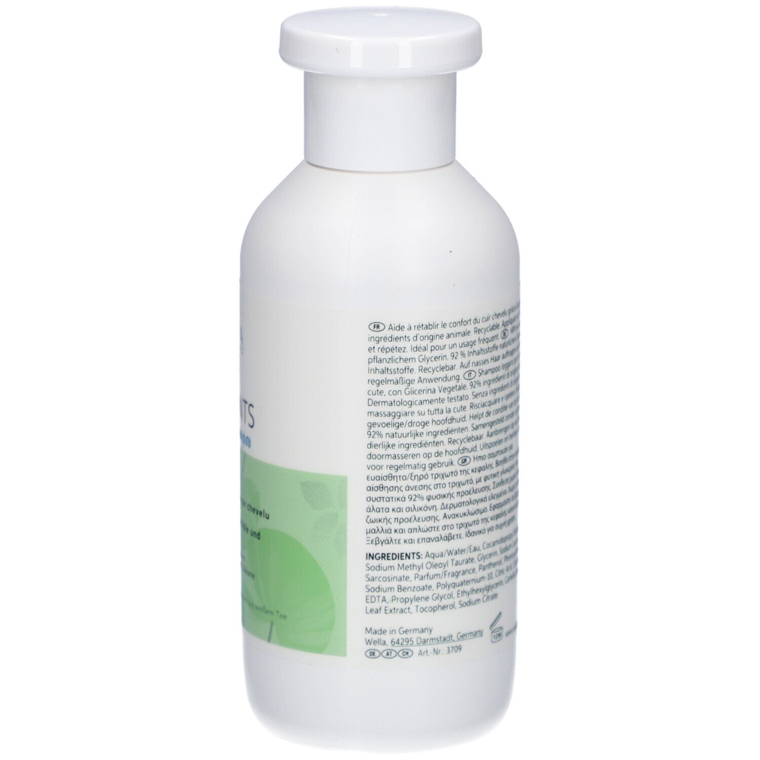 Rückseite einer weißen Shampoo-Flasche mit Text. Aufschrift: Wella Elements Calming Shampoo. Inhaltsstoffe.