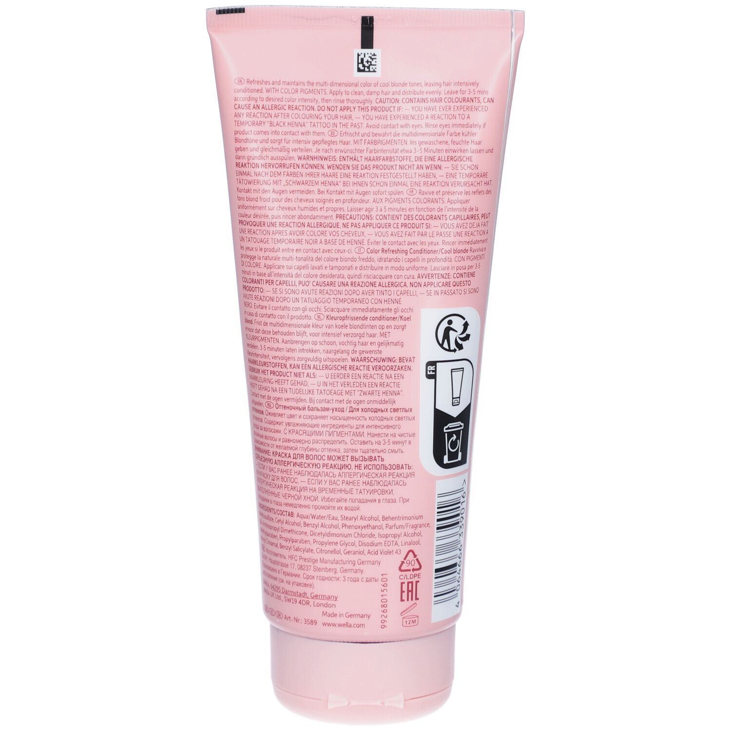 Rückseite einer rosa Tube. Text und Symbole. Wella Invigo Blonde Recharge Conditioner. Inhaltsstoffe, Warnhinweise, Hersteller.