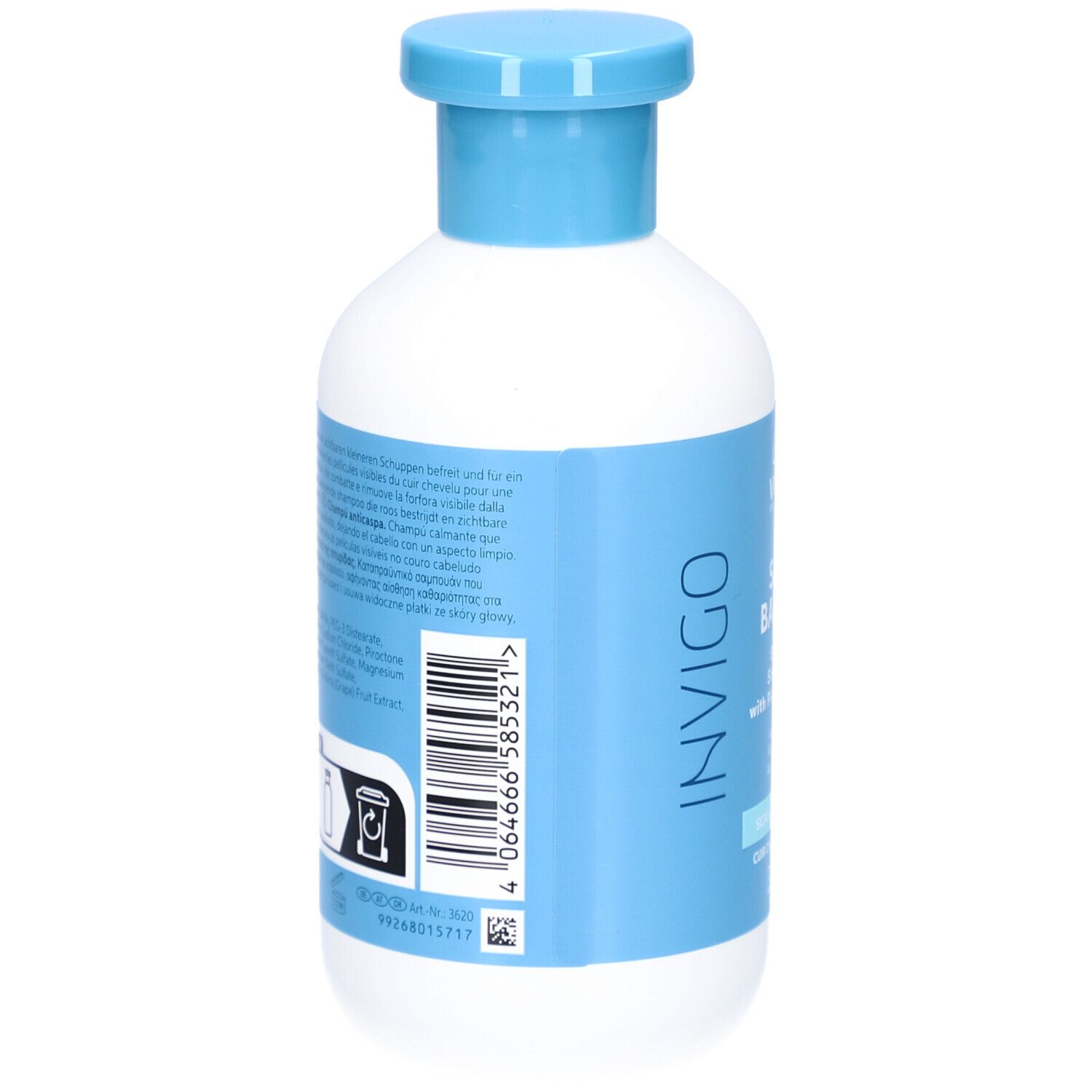 Weiße Flasche mit hellblauem Klappdeckel. Hellblaues Etikett mit schwarzem Text und Barcode.