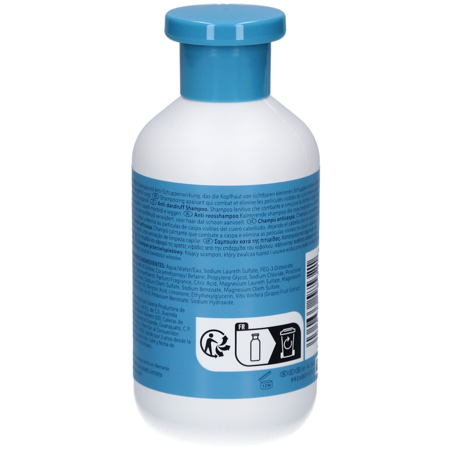 Weiße Flasche mit blauem Verschluss, Rückseite mit Etikett und Anwendungshinweisen.