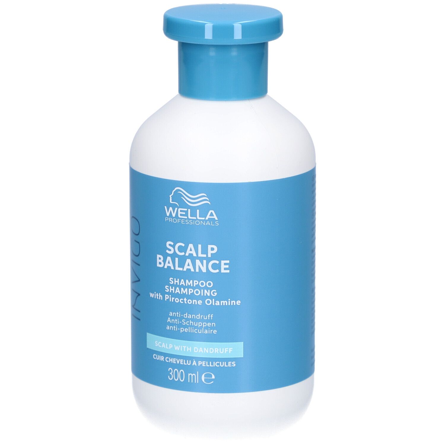 Wella Invigo Scalp Balance Shampoo, 300 ml, weiße Flasche mit blauem Etikett und Verschluss.