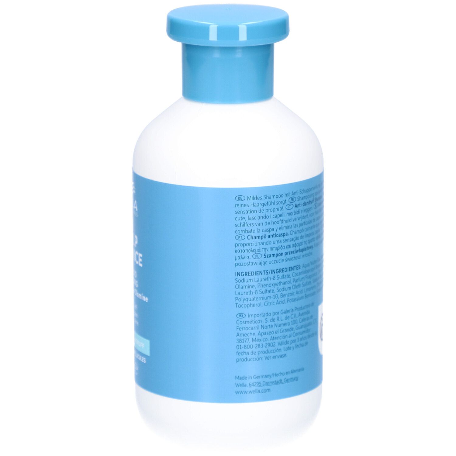 Weiße Flasche mit hellblauem Verschluss und Etikett. Enthält mildes Shampoo.