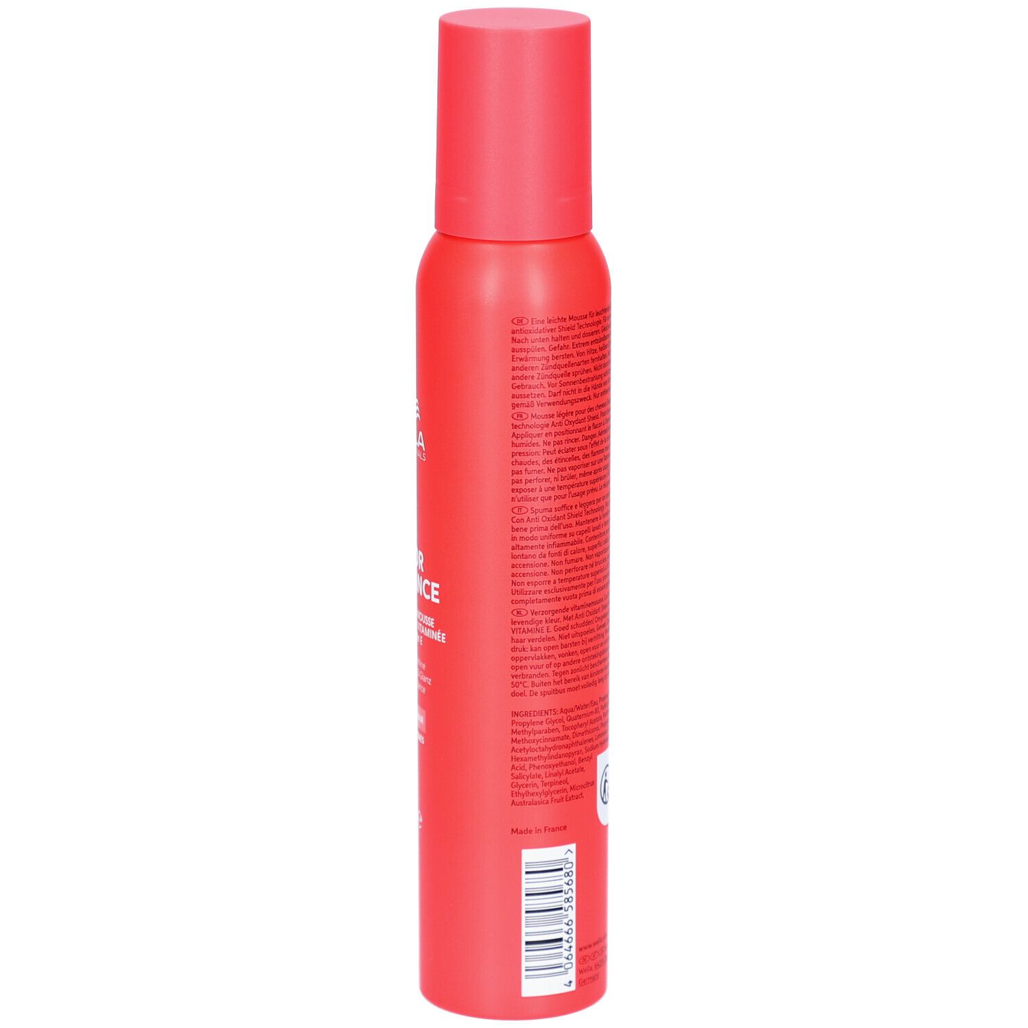 Rote Sprühflasche, Seitenansicht. Aufschrift: Wella, Color Brilliance, Conditioning Mousse, für coloriertes Haar. Text.