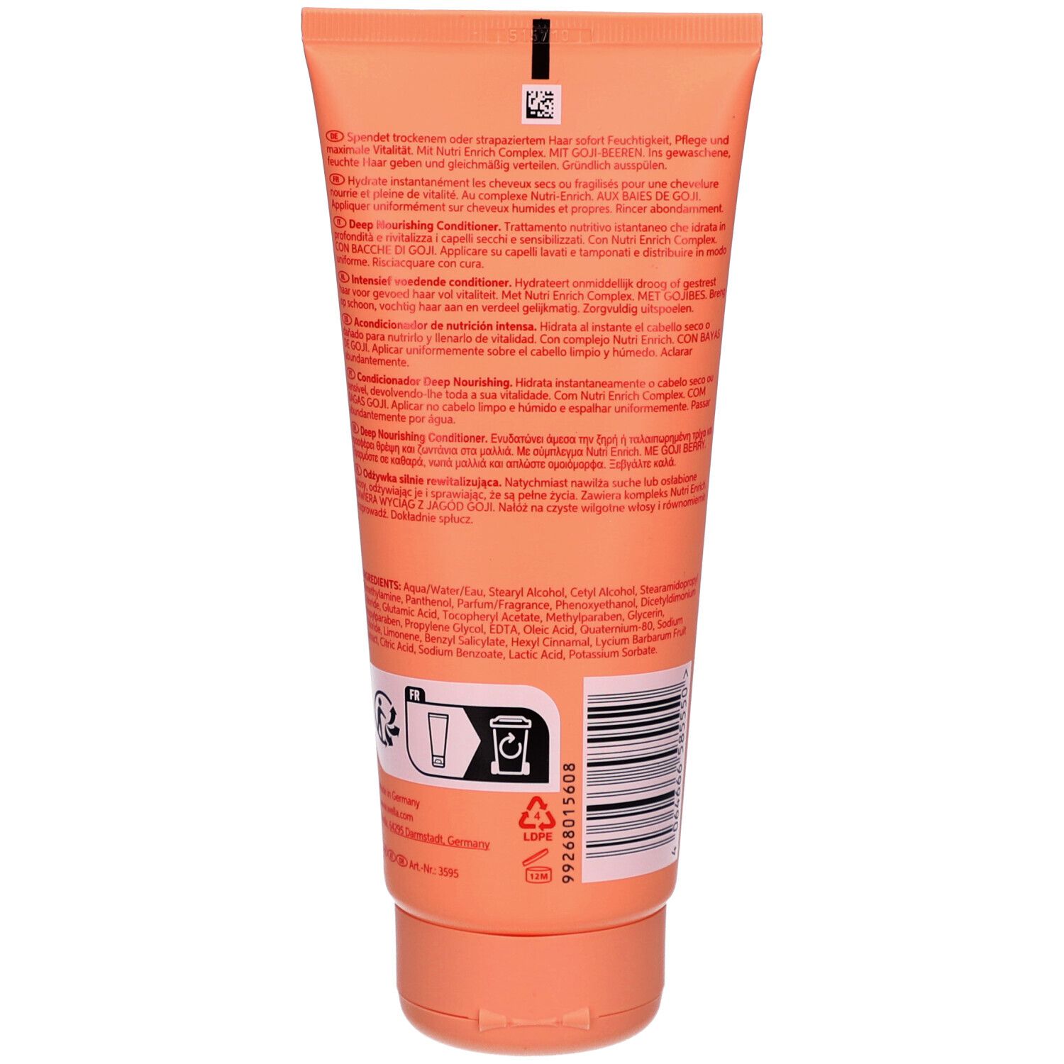 Orangefarbene Tube mit weißen und schwarzen Texten, Rückseite mit Anwendungshinweisen und Inhaltsstoffen.