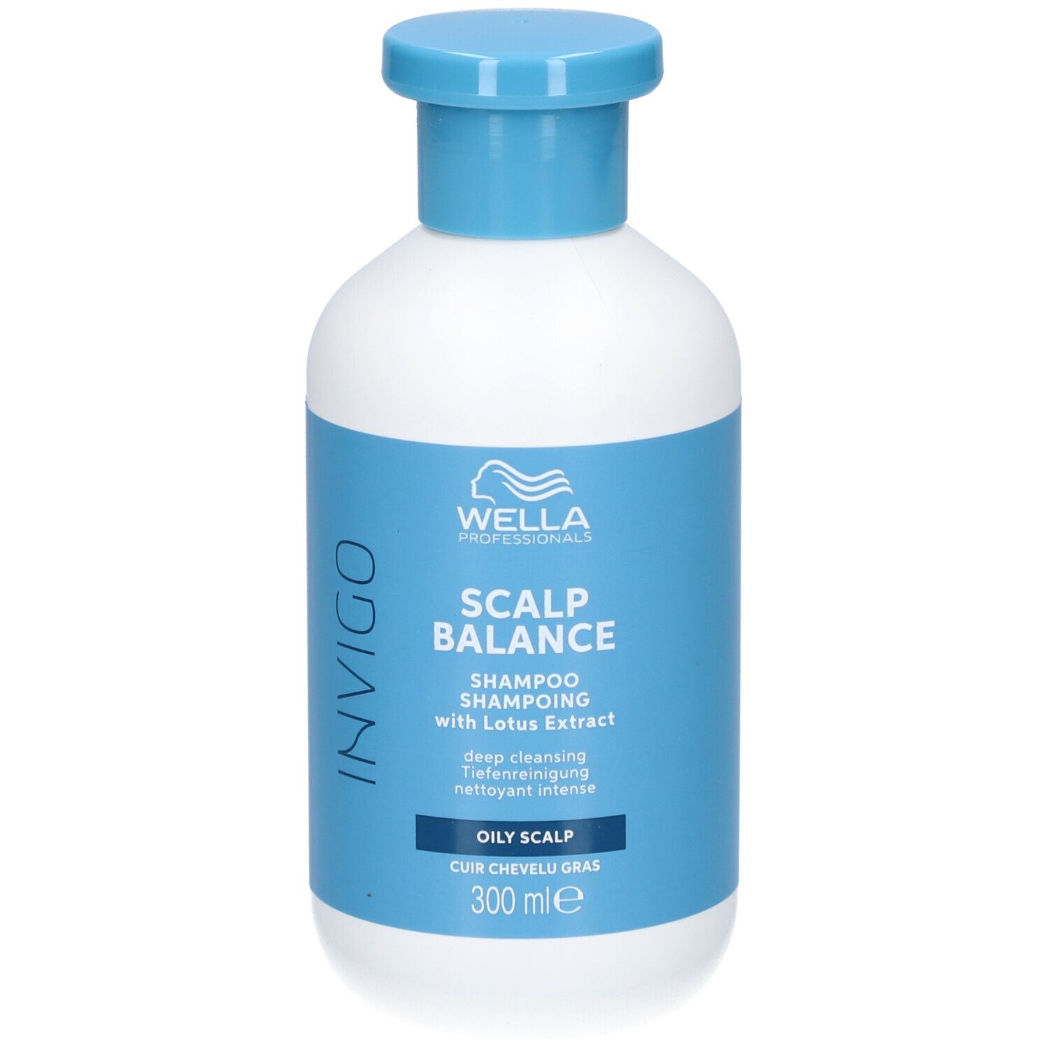 Weiße Flasche mit blauem Deckel und Etikett. Aufschrift: INVIGO, SCALP BALANCE, Shampoo, 300 ml. Für fettige Kopfhaut.