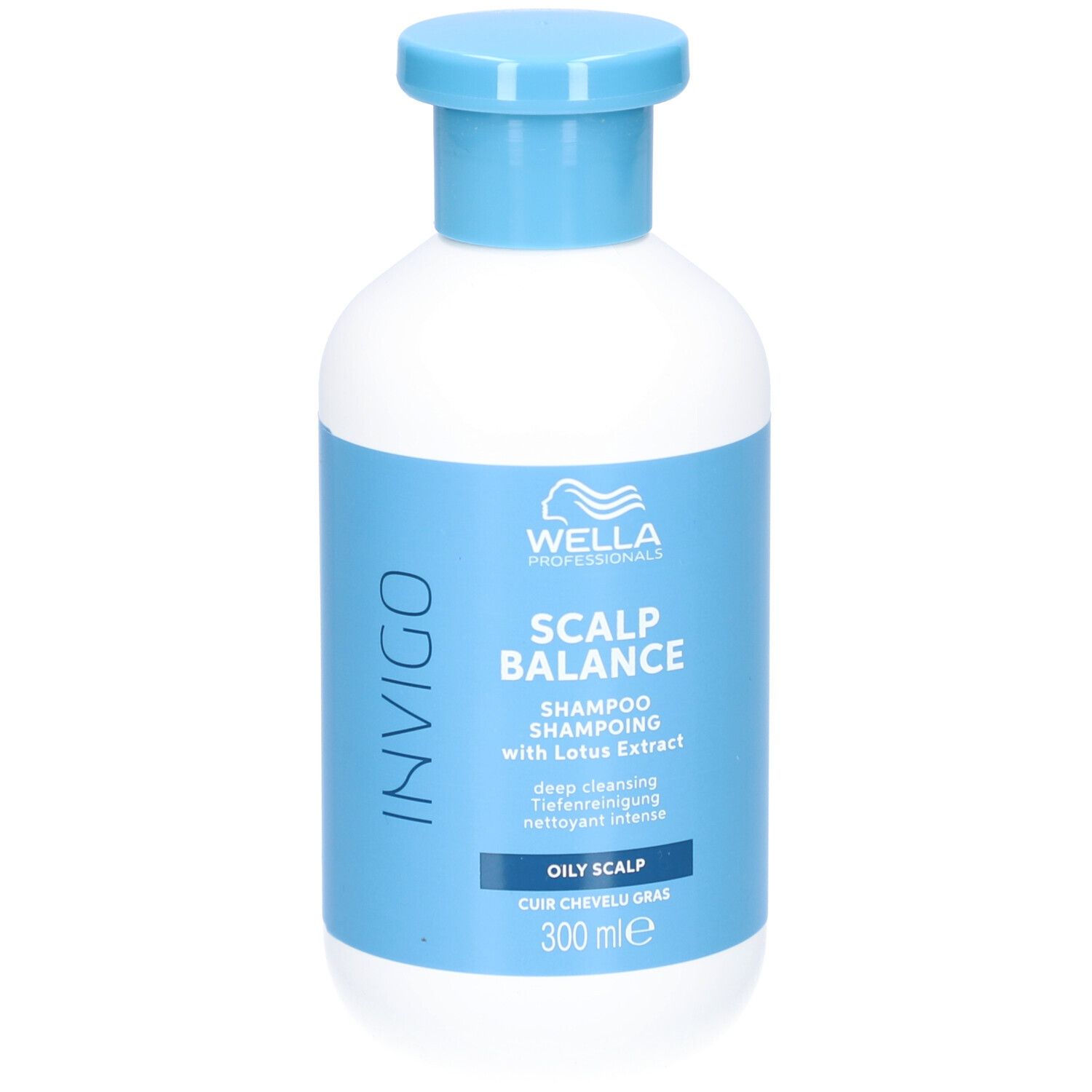 Weiße Flasche mit blauem Deckel und Etikett. Aufschrift: INVIGO, SCALP BALANCE, Shampoo, 300 ml. Für fettige Kopfhaut.