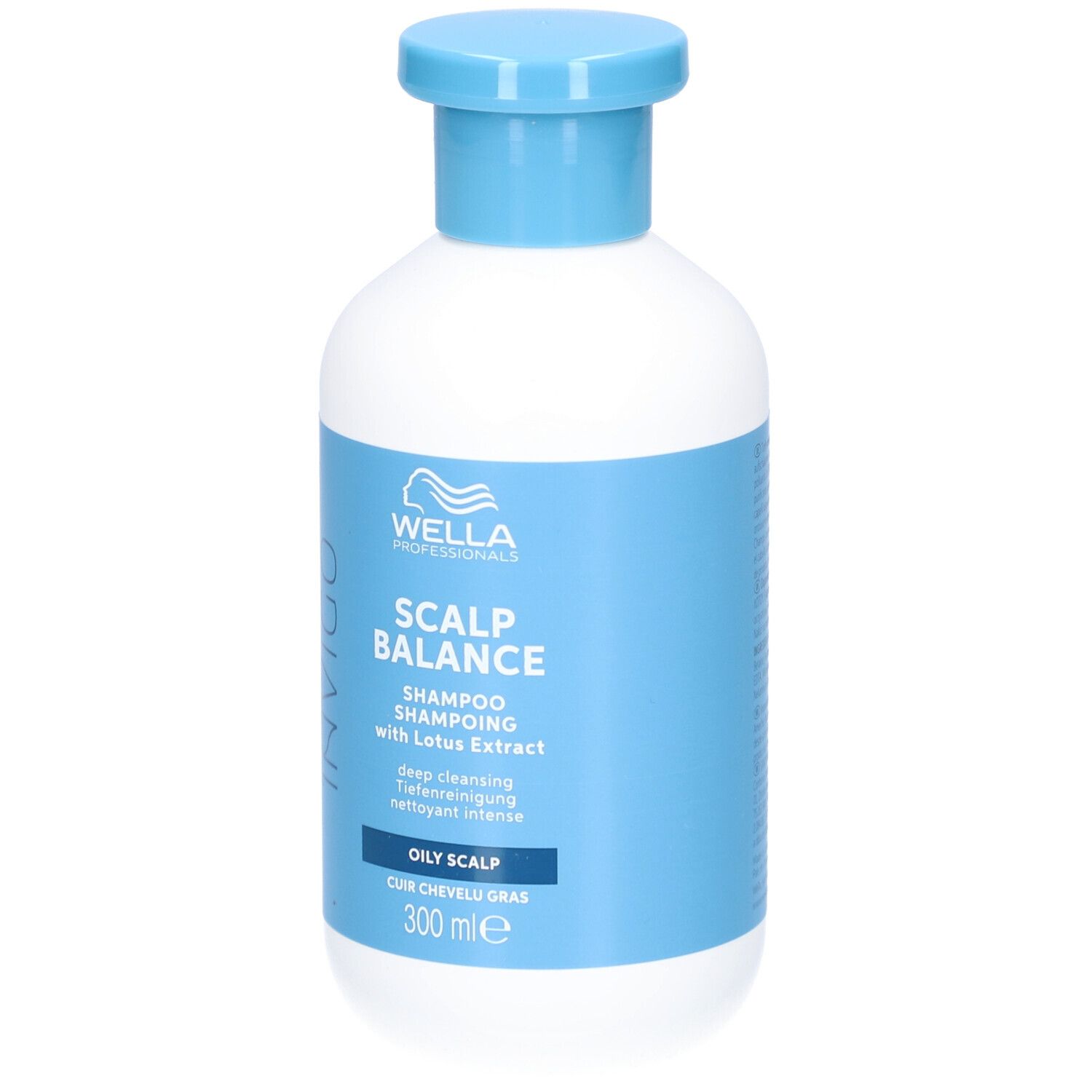 Weiße Flasche mit blauem Deckel und Etikett. Aufschrift: INVIGO, SCALP BALANCE, Shampoo, 300 ml. Für fettige Kopfhaut.